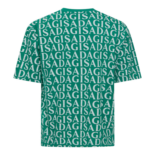 Back of oversized emerald green T-shirt with bold branding by Gisada