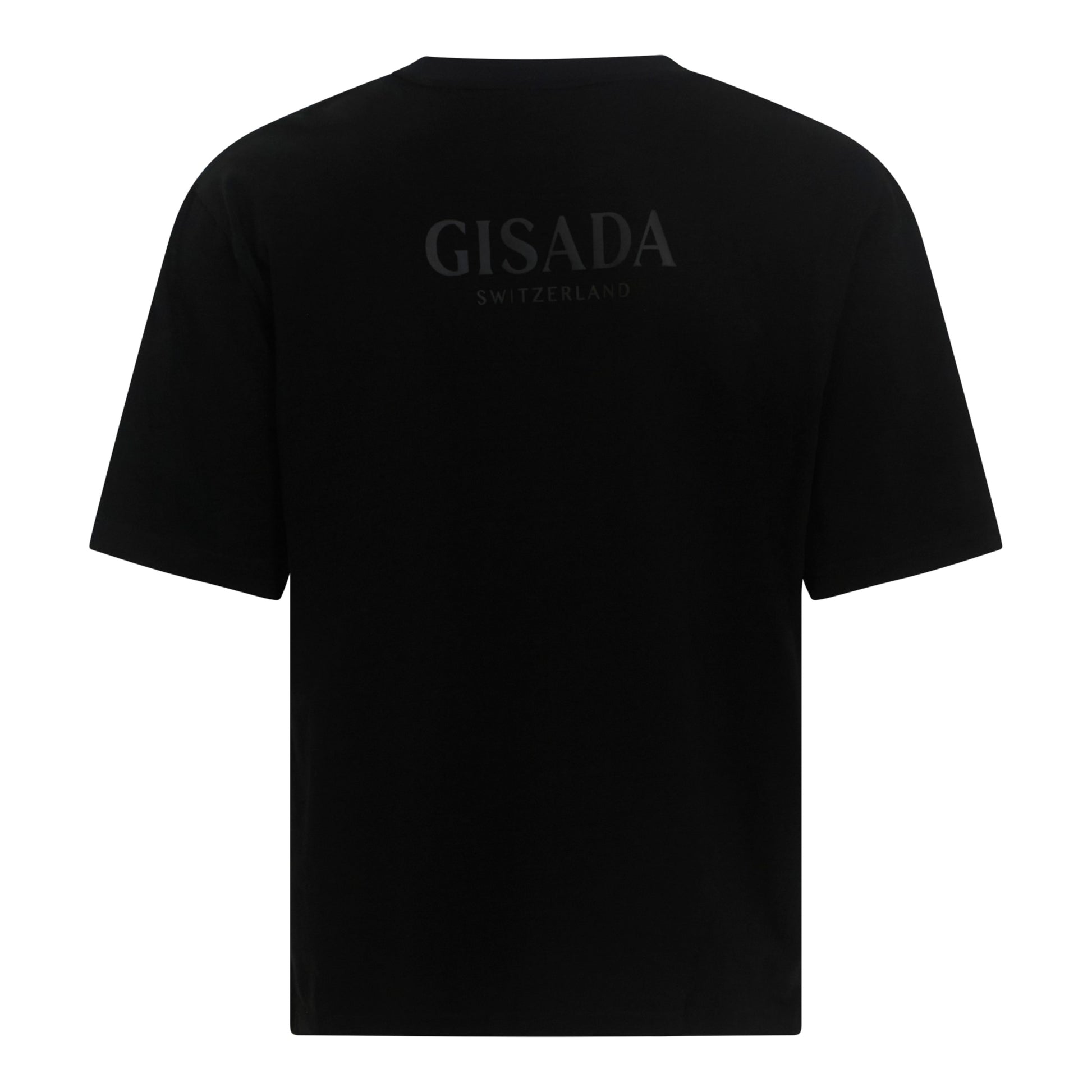 Back view of black heavyweight T-shirt with tonal Gisada branding
