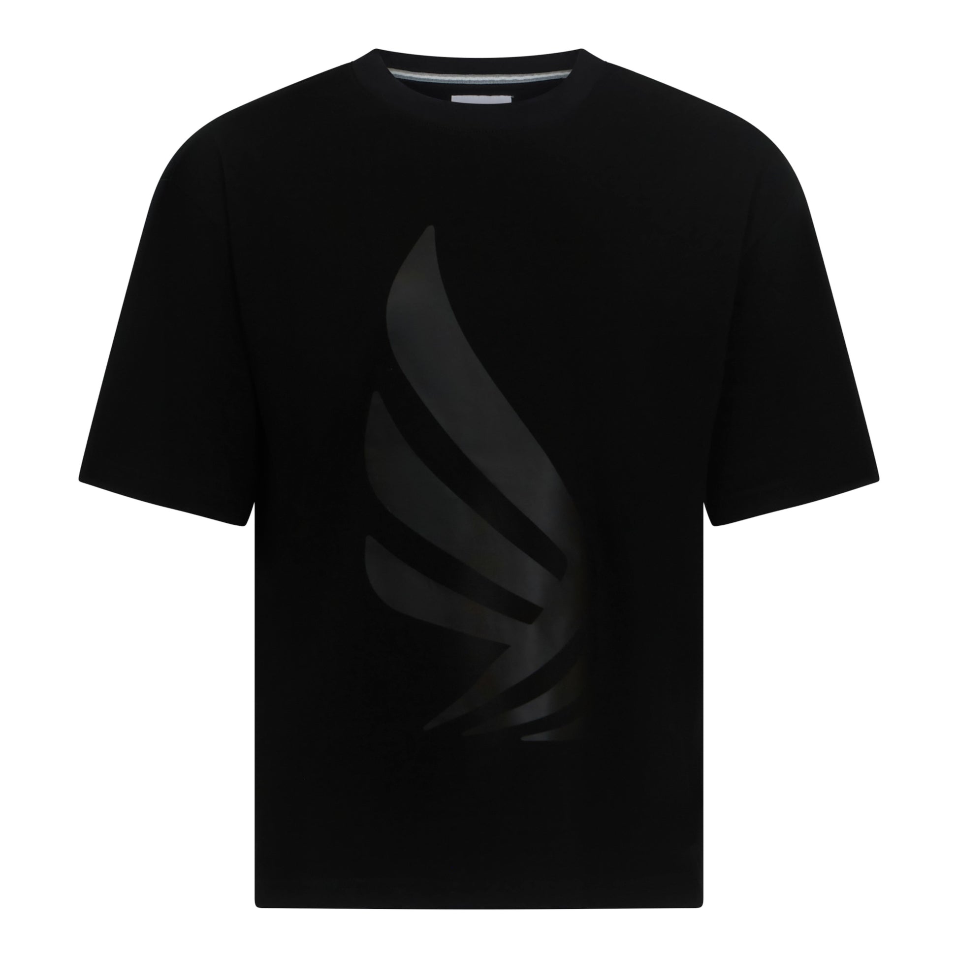 Front view of black oversized Gisada T-shirt with glossy silicon wing print