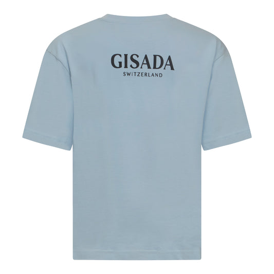 Back view of premium ice blue cotton tee with Gisada logo