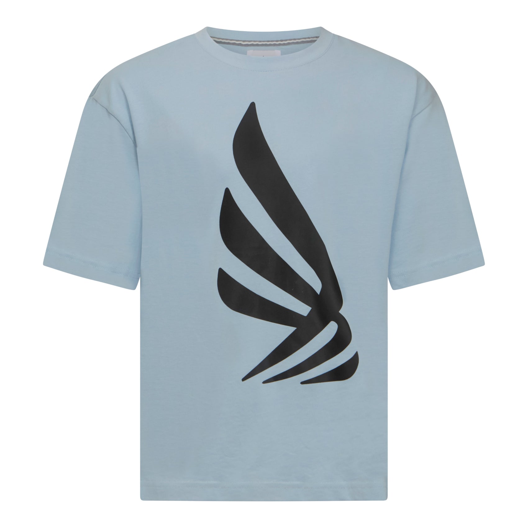 Front view of Gisada ice blue oversized T-shirt with black silicon wing emblem