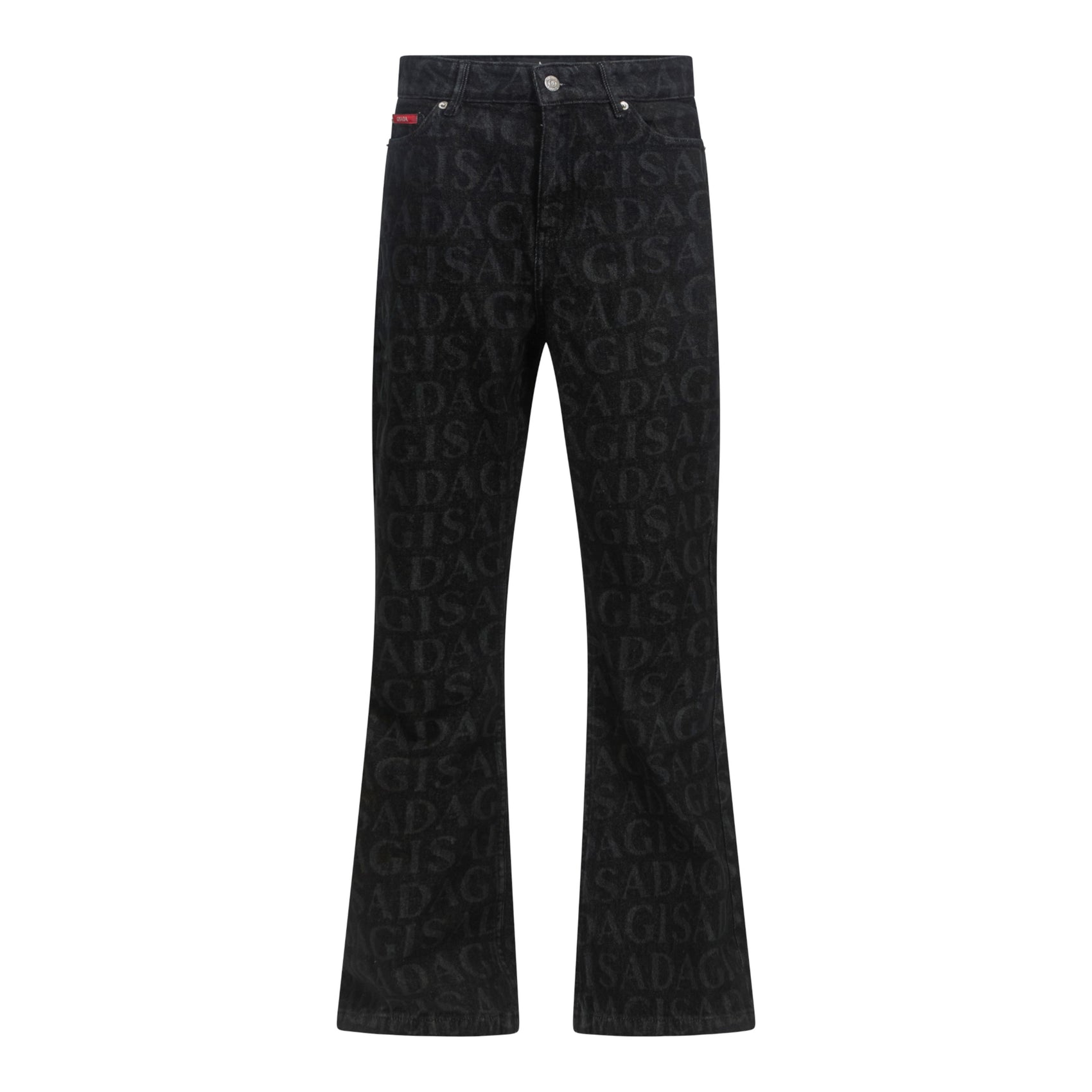 Ausgestellte Denim-Jeans mit Bodenlabel