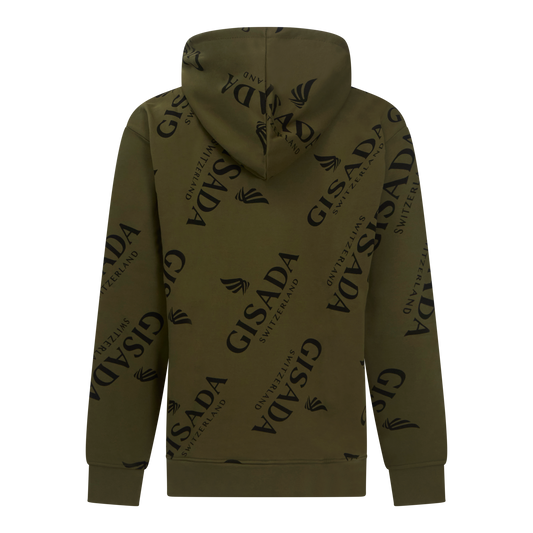 Back view of olivine hoodie showing logo print by Gisada