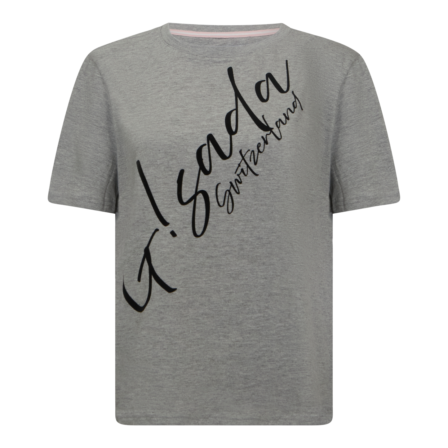 Oversized grey Gisada T-shirt with diagonal script logo – front view