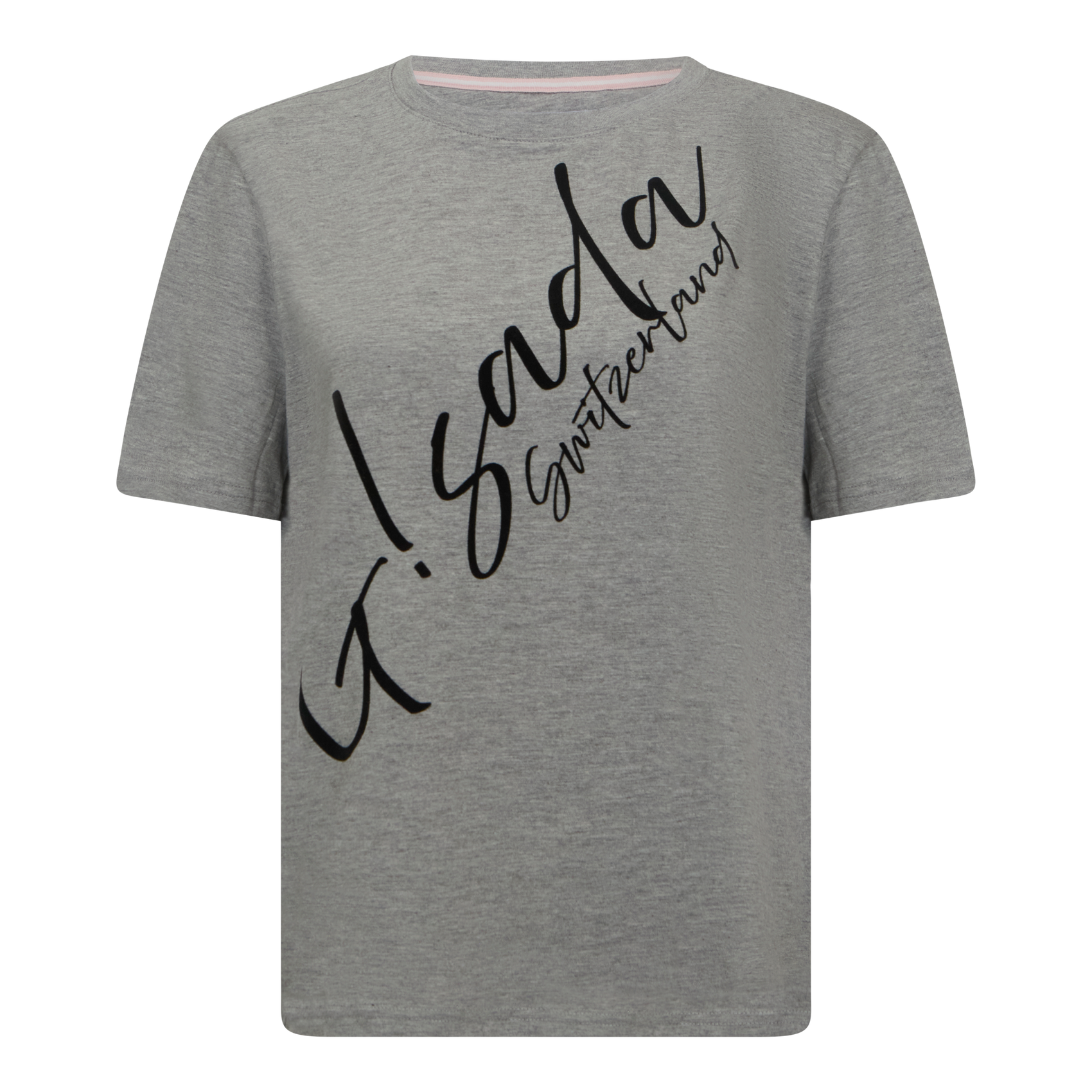 Oversized grey Gisada T-shirt with diagonal script logo – front view