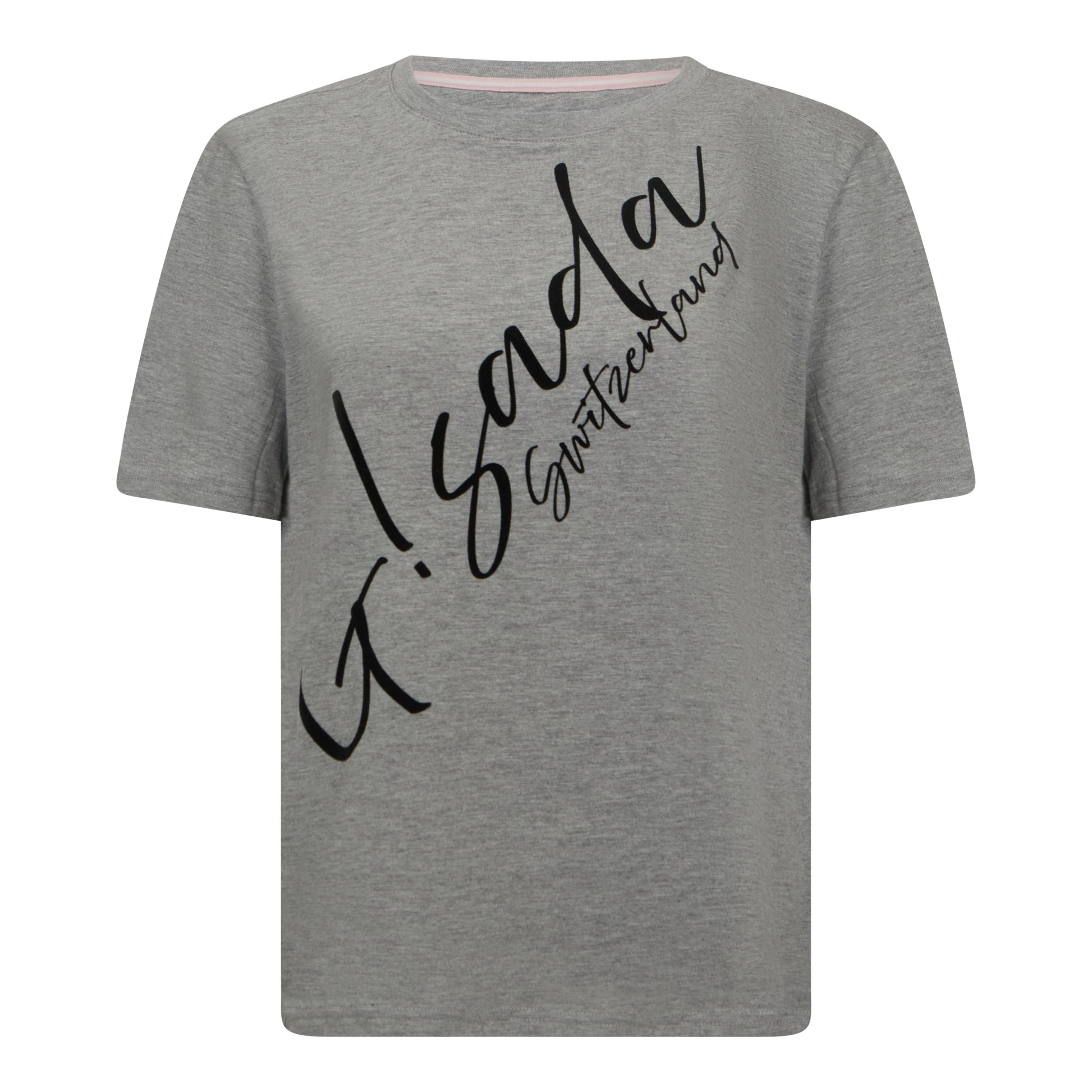 Oversized grey Gisada T-shirt with diagonal script logo – front view