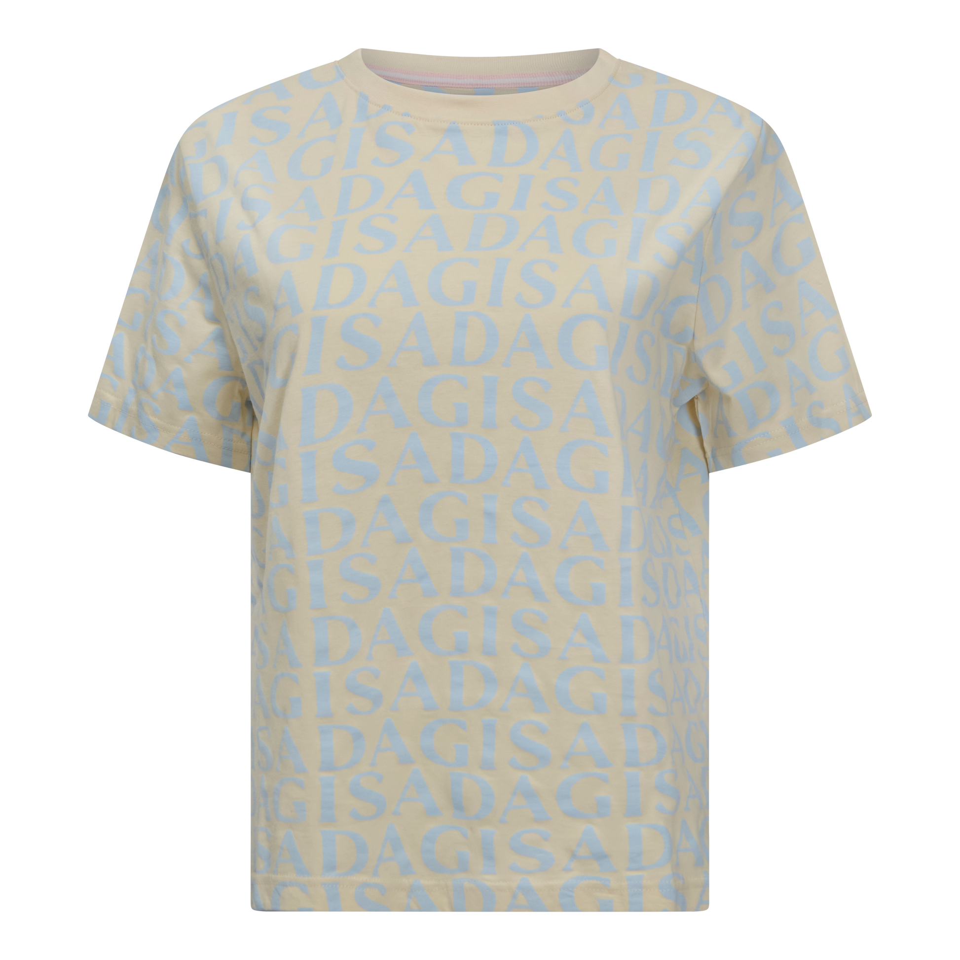 Front view of beige oversized T-shirt with soft Gisada all-over logo print