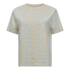 Front view of beige oversized T-shirt with soft Gisada all-over logo print