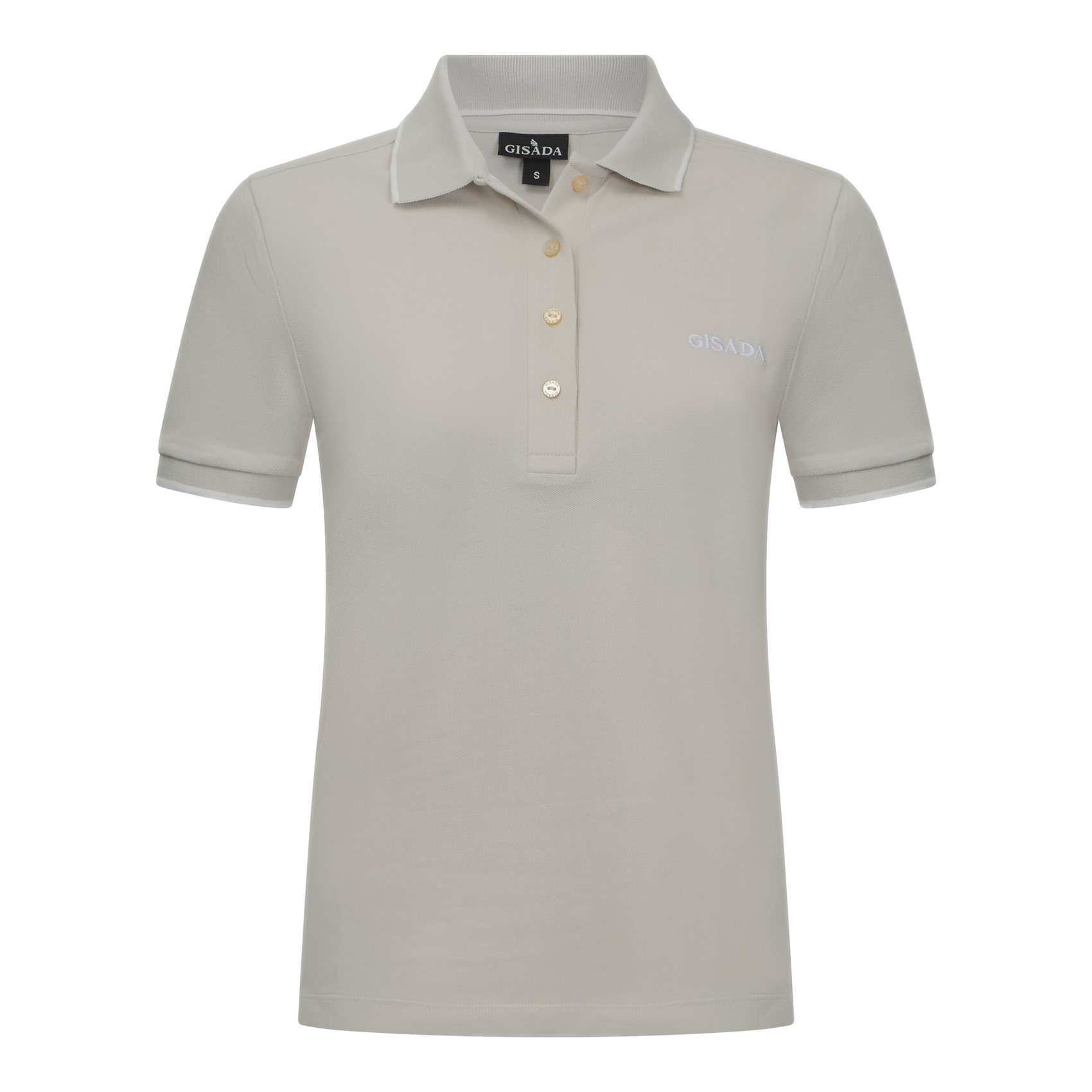Beige Gisada polo shirt front view with contrast collar and embroidered logo