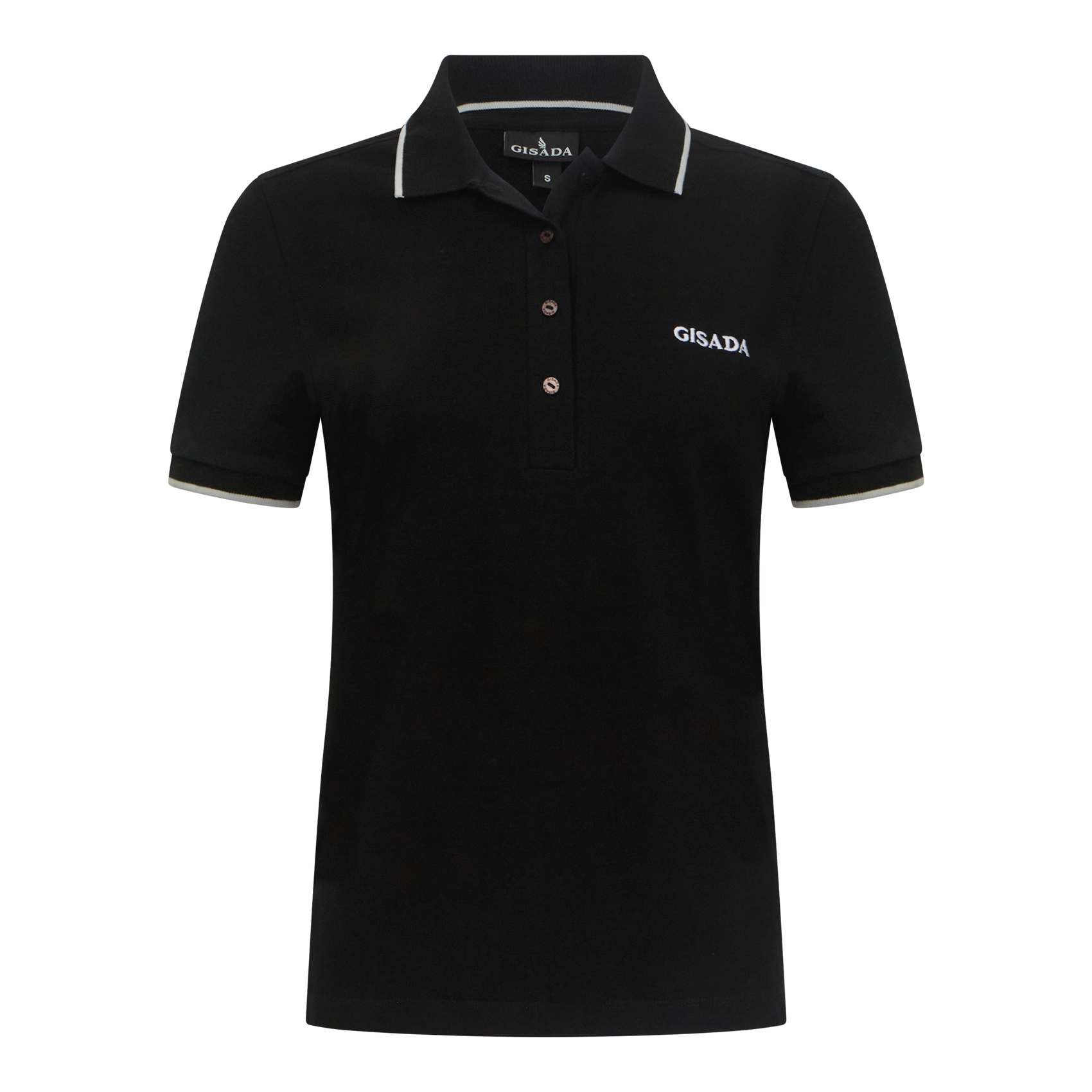 Black Gisada polo shirt with contrast piping and chest logo – front view
