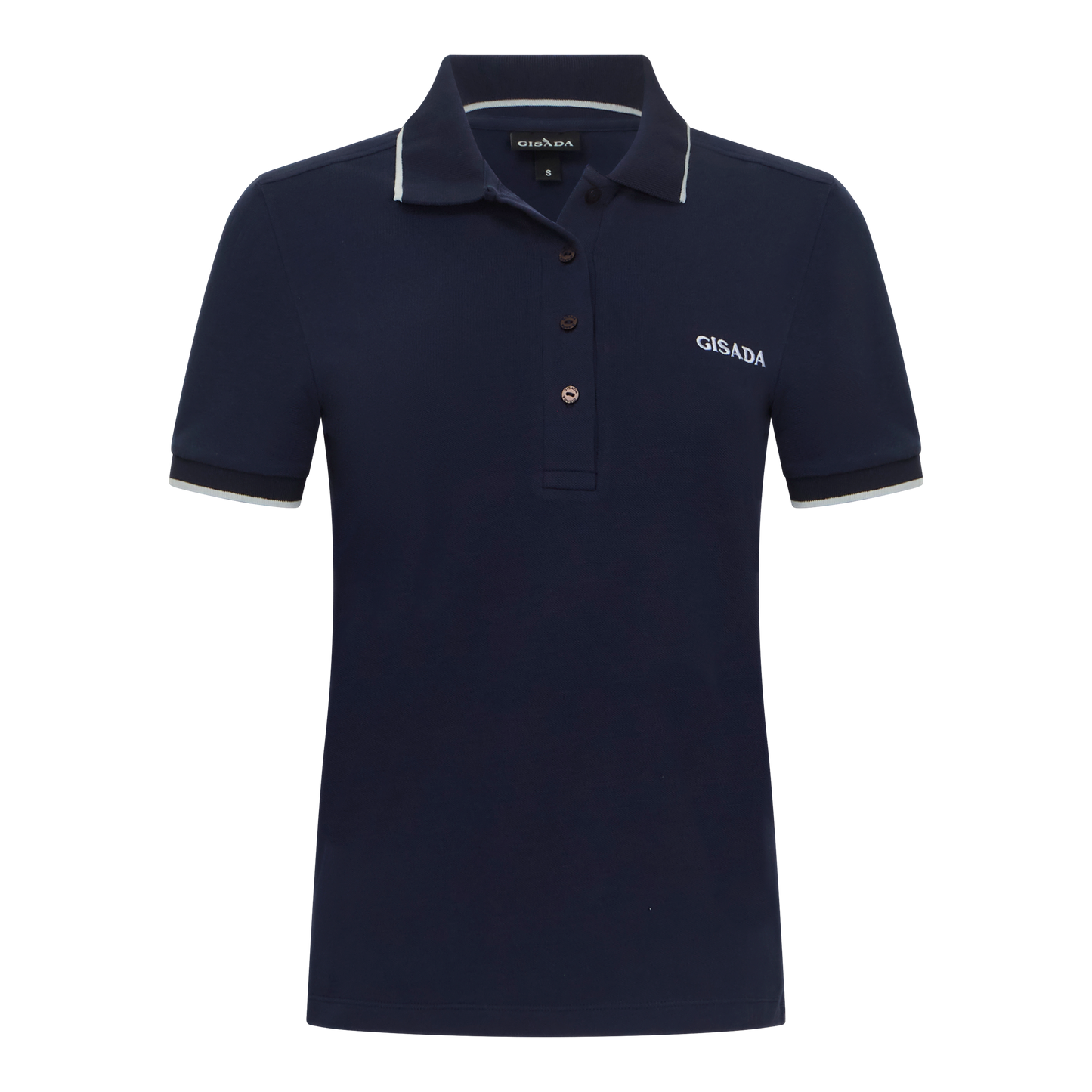 Navy Gisada polo shirt front view with white piping and embroidered logo