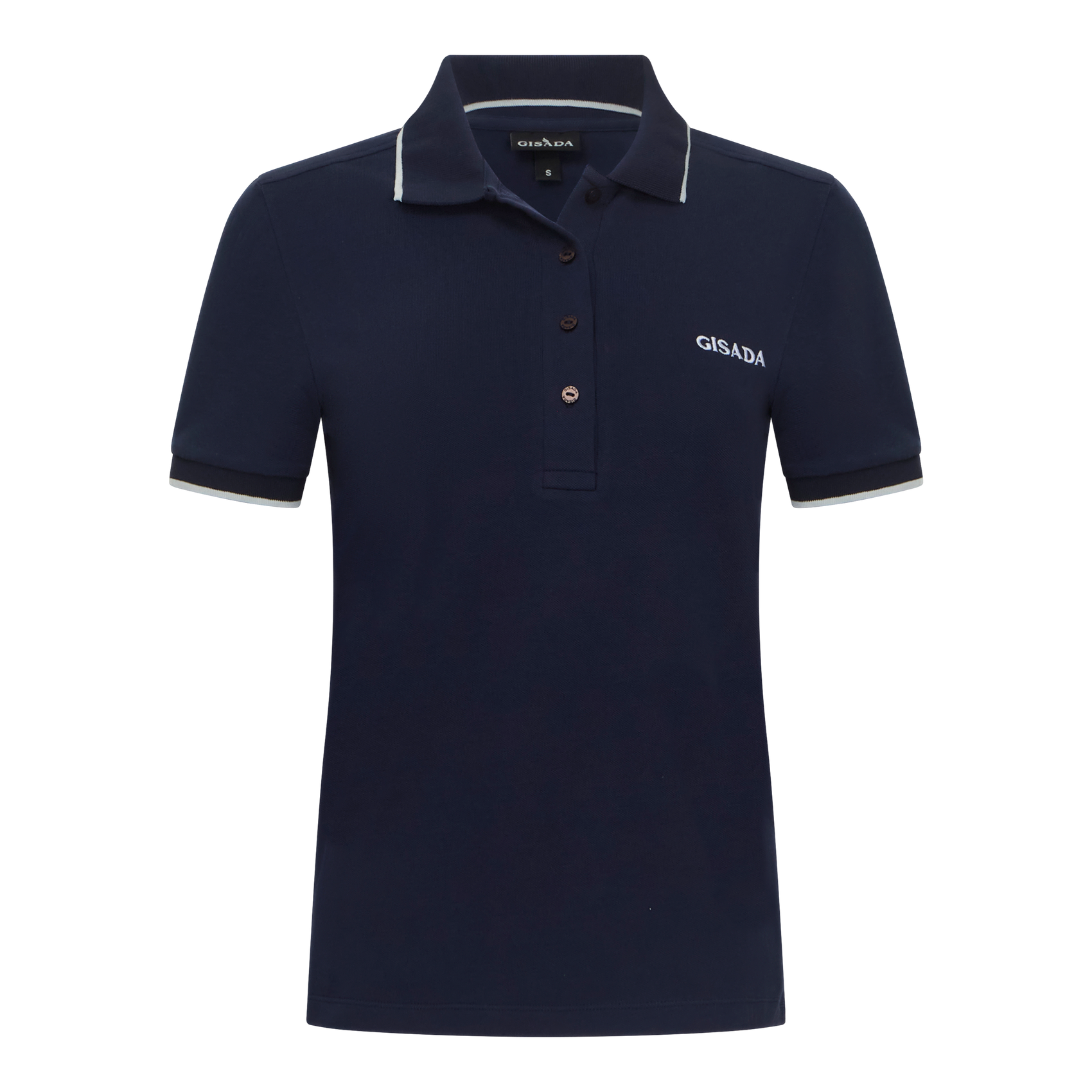 Navy Gisada polo shirt front view with white piping and embroidered logo