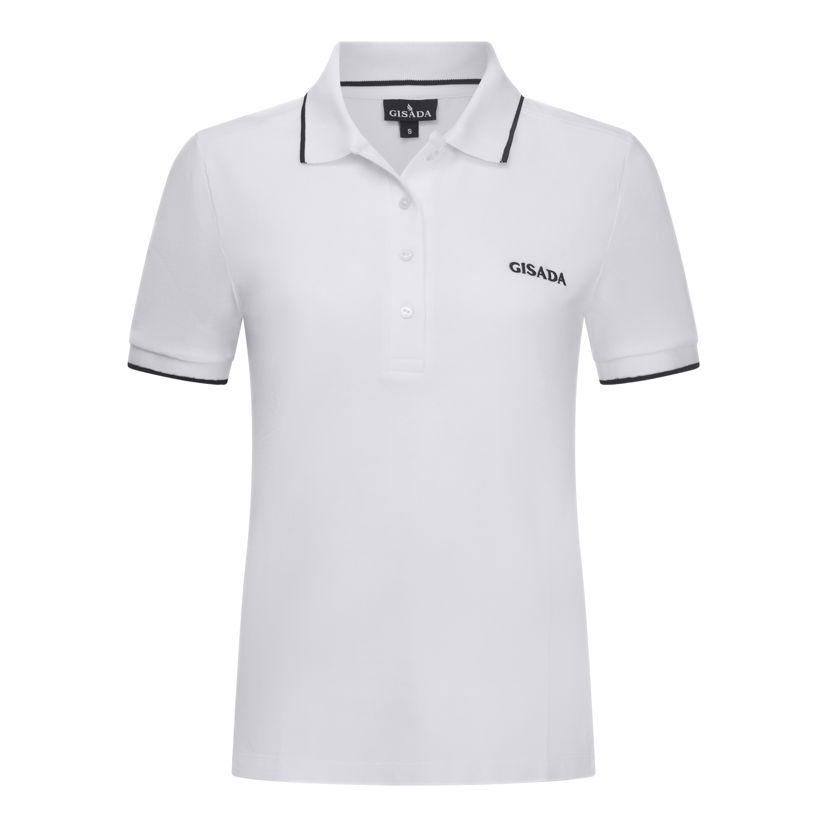White Gisada polo shirt front view with black trim and logo embroidery