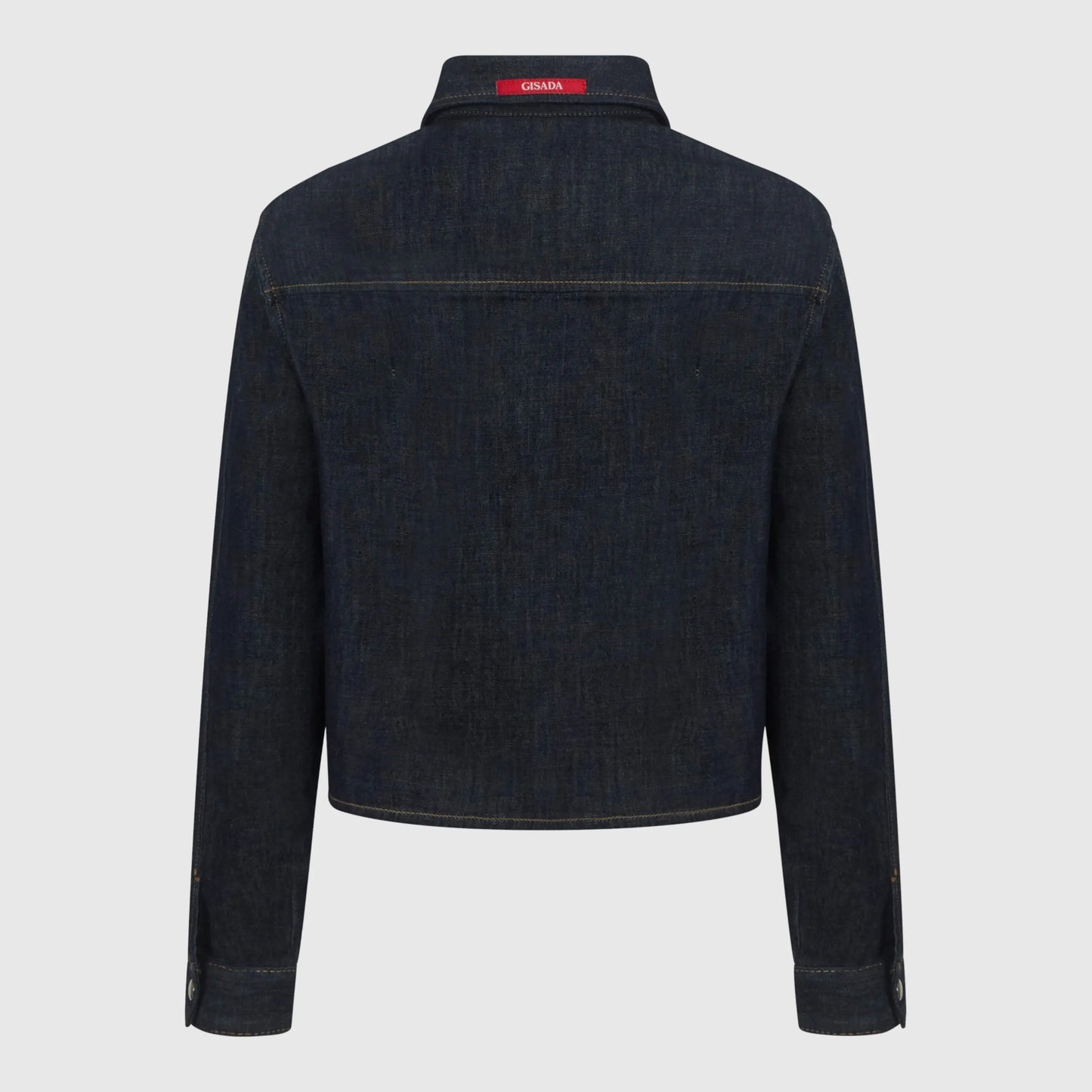 Back view of navy denim shirt with oversized Badge Gisada logo.
