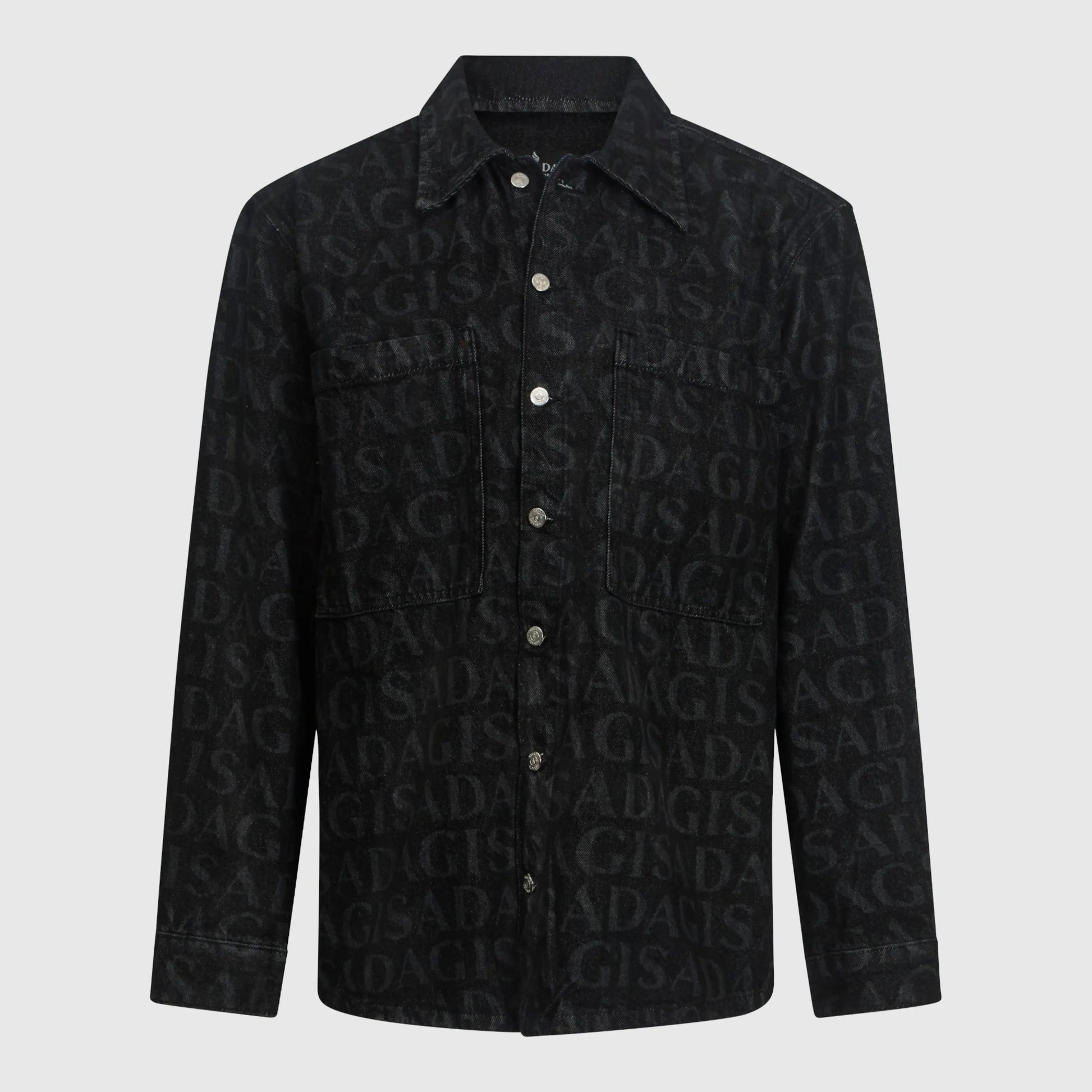 Black denim overshirt with chest pockets and button-down closure