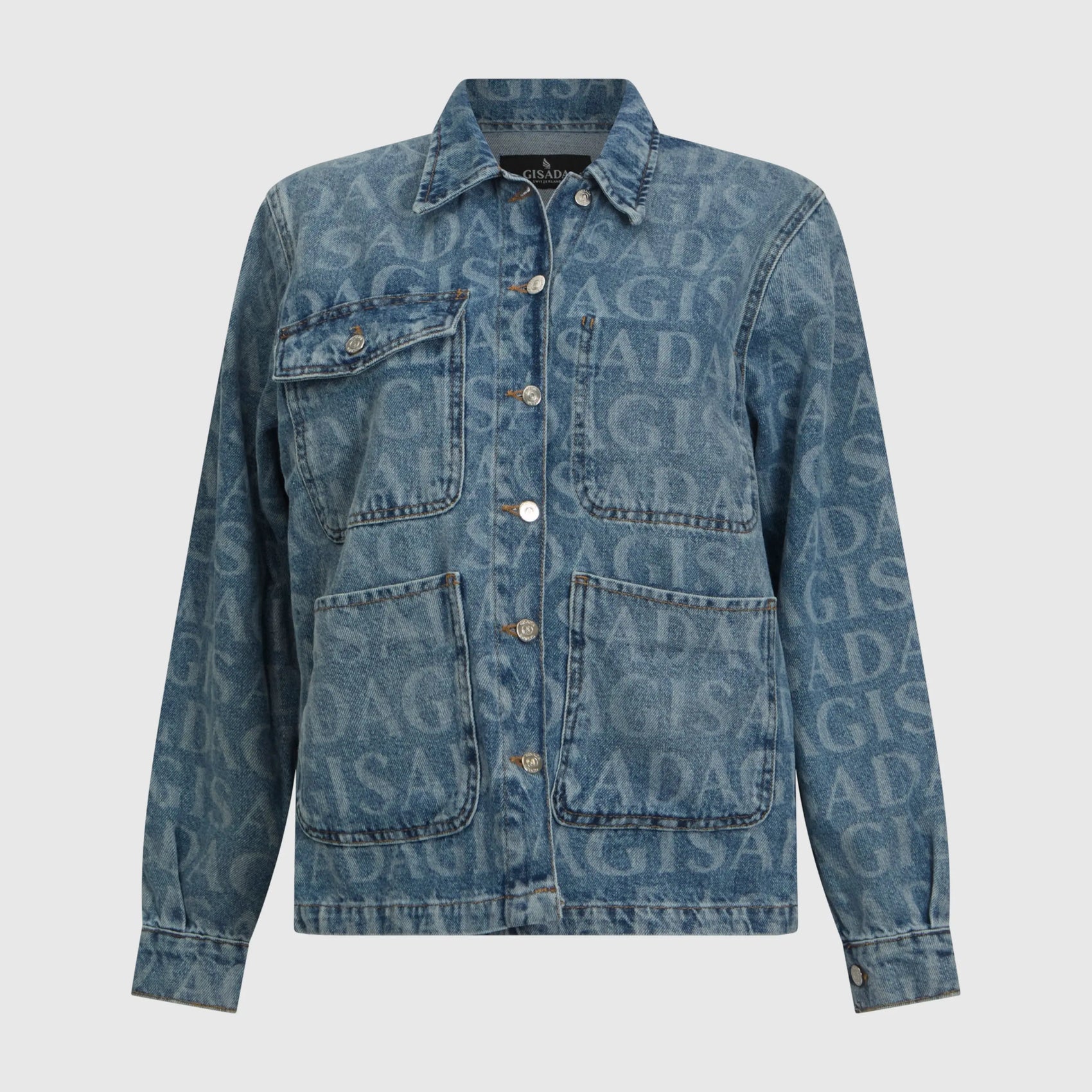 Front view of Gisada snow blue boxy denim jacket with allover monogram