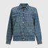 Front view of Gisada snow blue boxy denim jacket with allover monogram