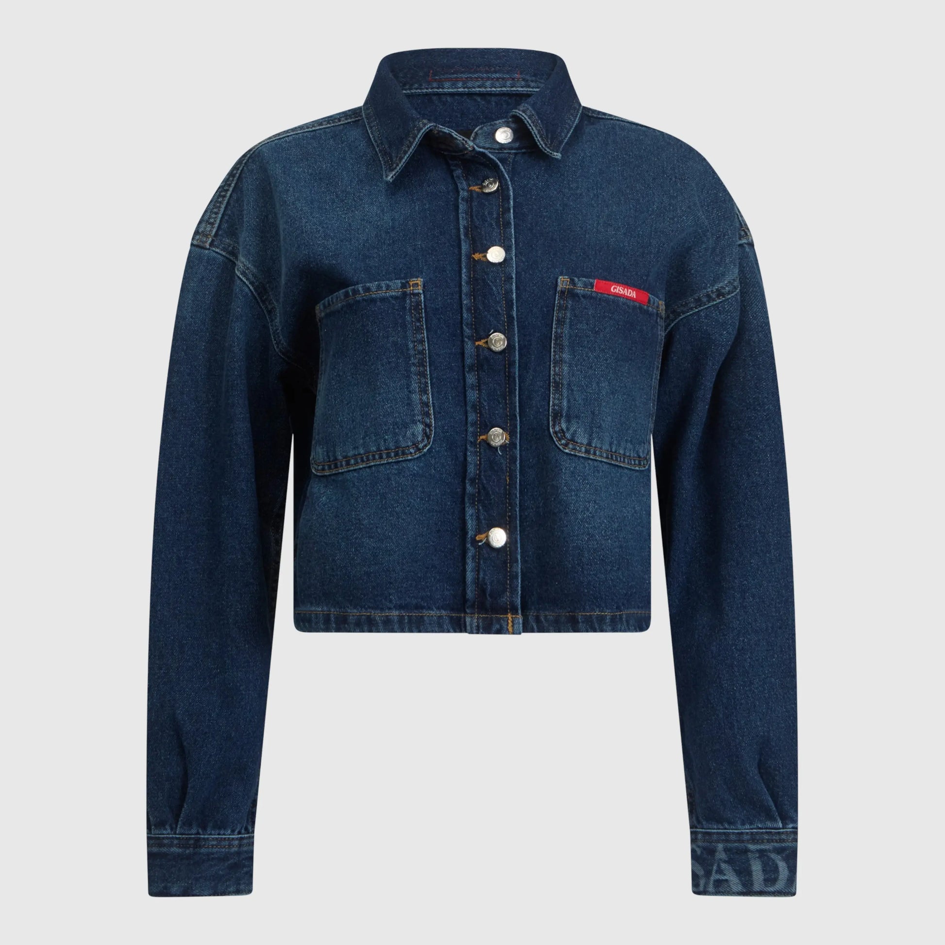 Front view of washed blue cropped denim shirt with Gisada red patch