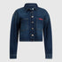 Front view of washed blue cropped denim shirt with Gisada red patch