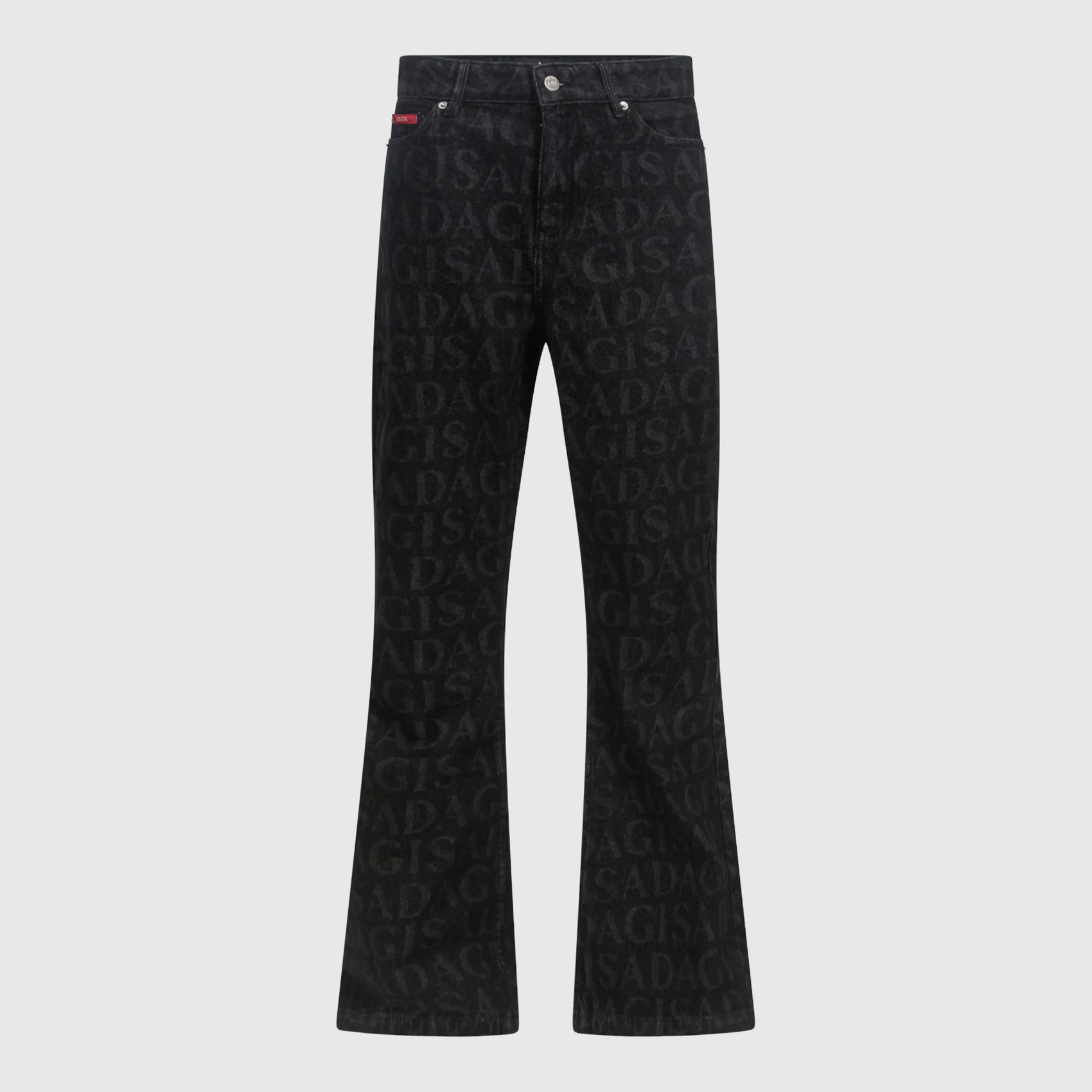 Black flared denim jeans with allover Gisada logo – front view