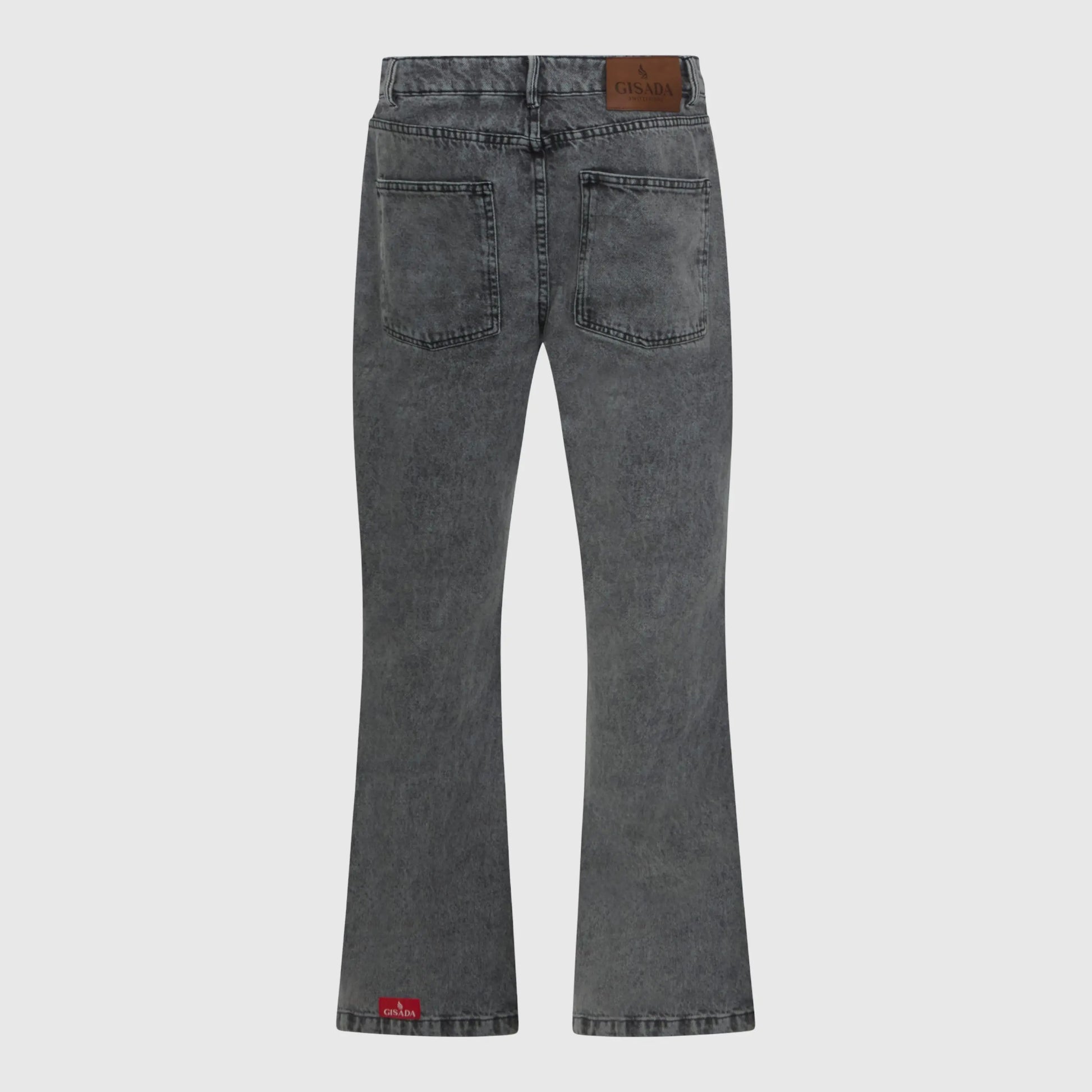 Flared grey jeans front view with snow-wash finish by Gisada