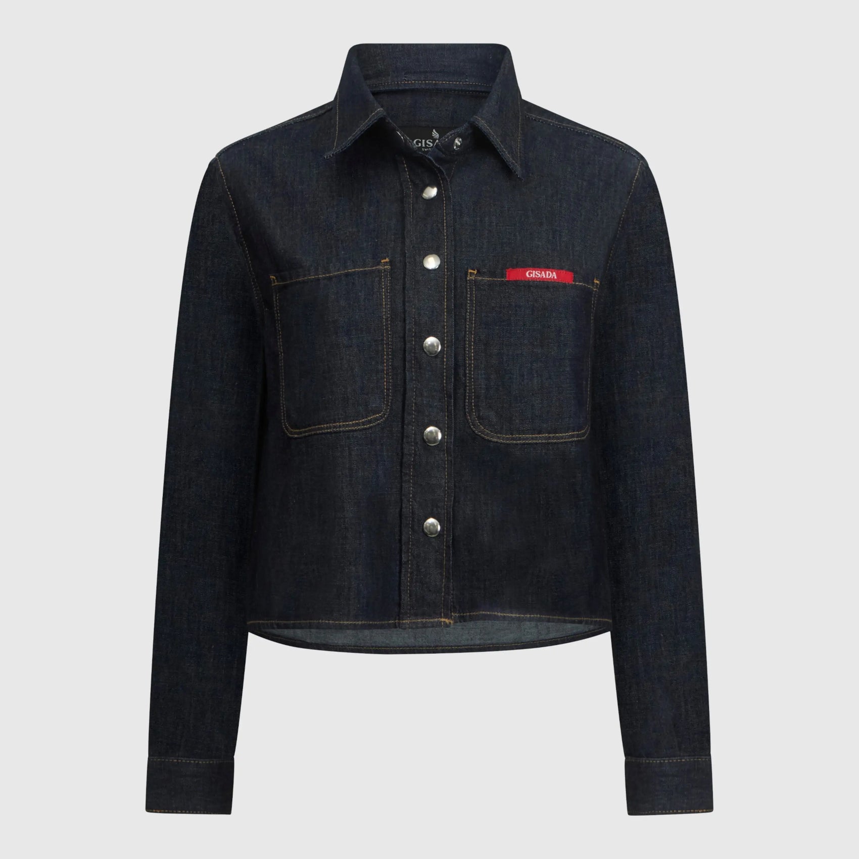 Front view of cropped navy denim shirt with metallic buttons and Gisada red tag.