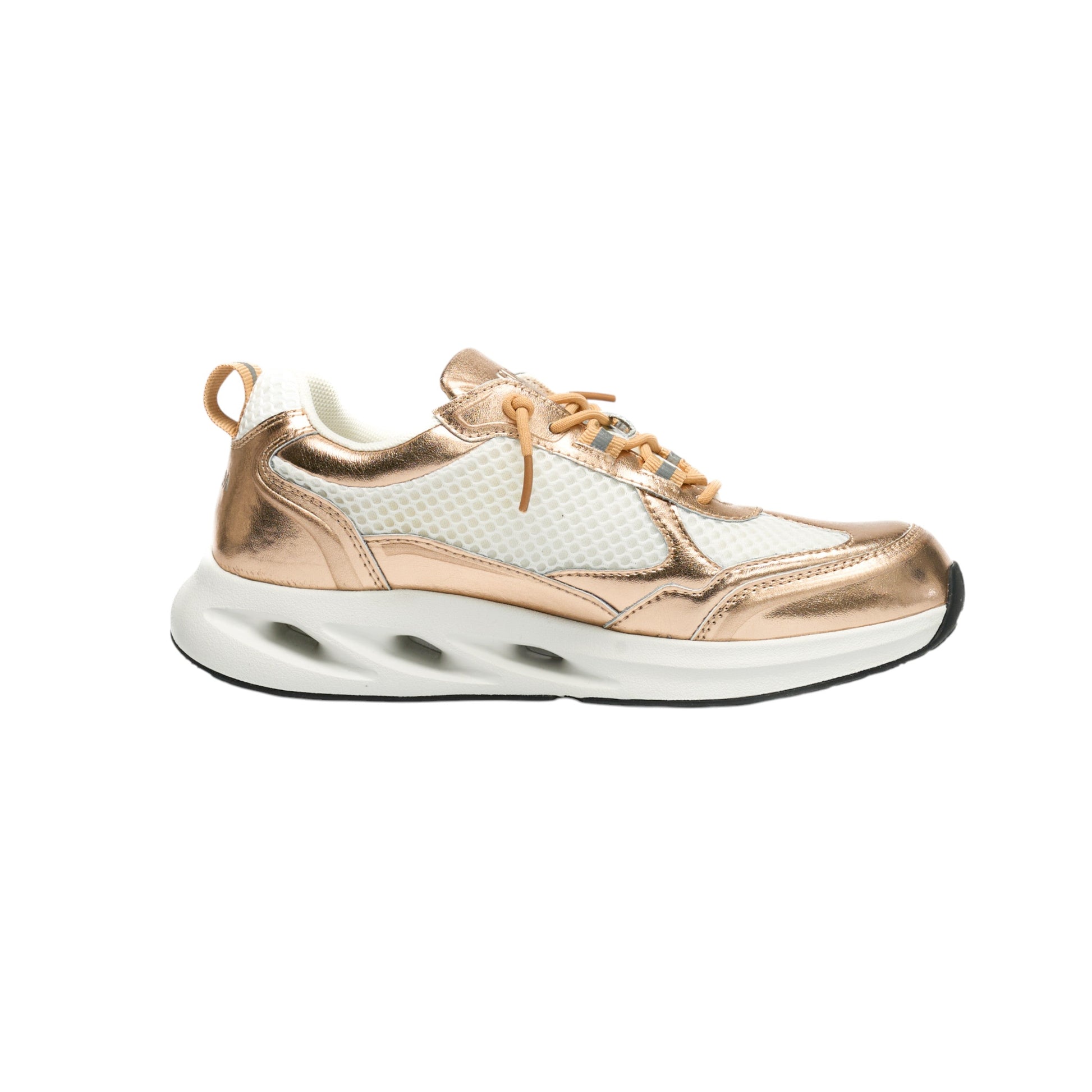 Side view of Gisada Mesh-Tech sneakers in gold rose and white