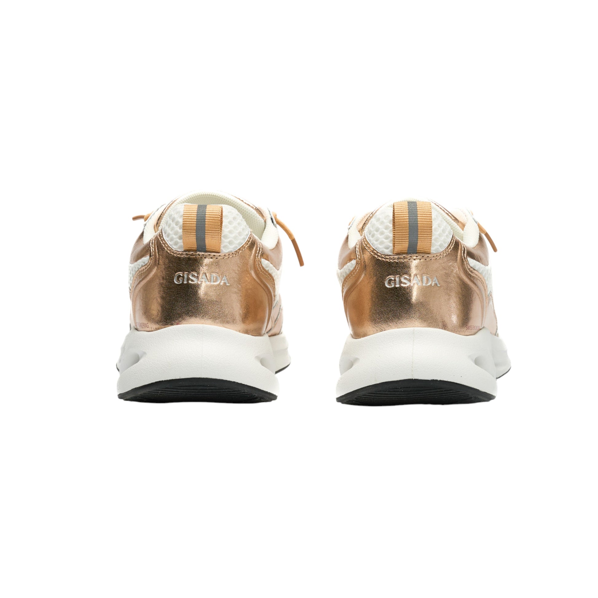 Rear view of gold rose/white Gisada sneakers with heel branding