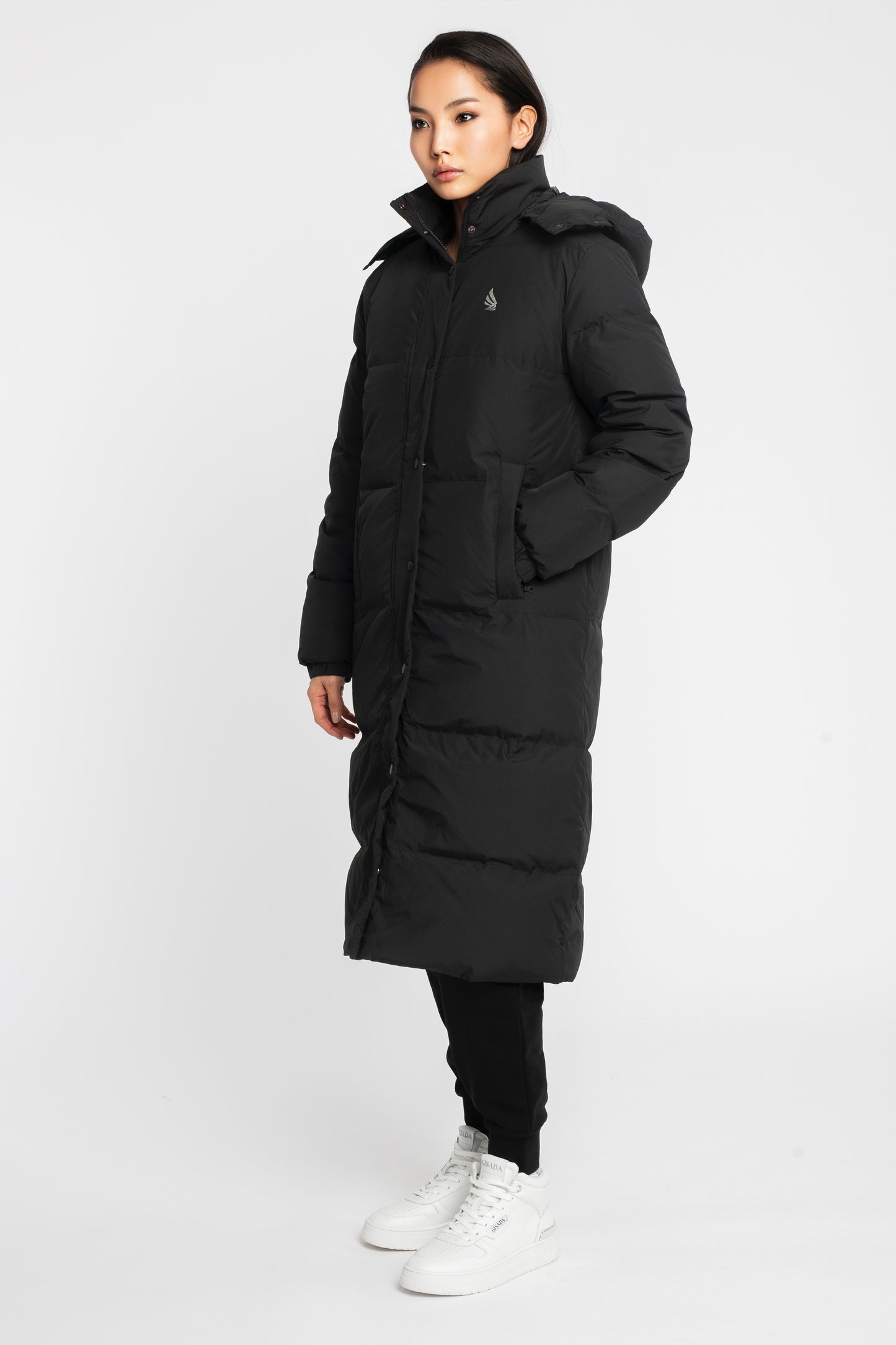 Long Puffer Down-Jacket with Detachable Hood and Logo Patch on Back
