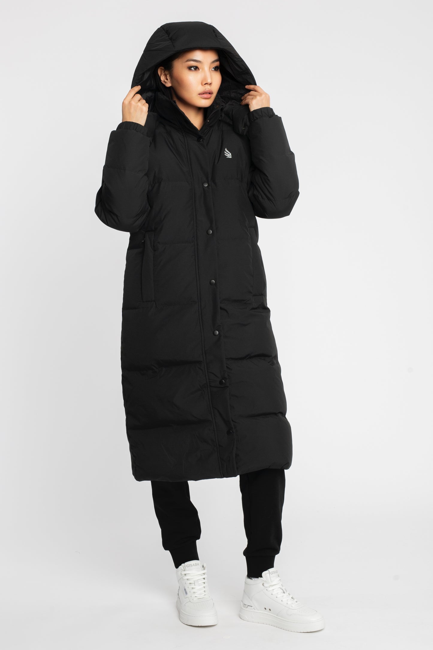 Long Puffer Down-Jacket with Detachable Hood and Logo Patch on Back