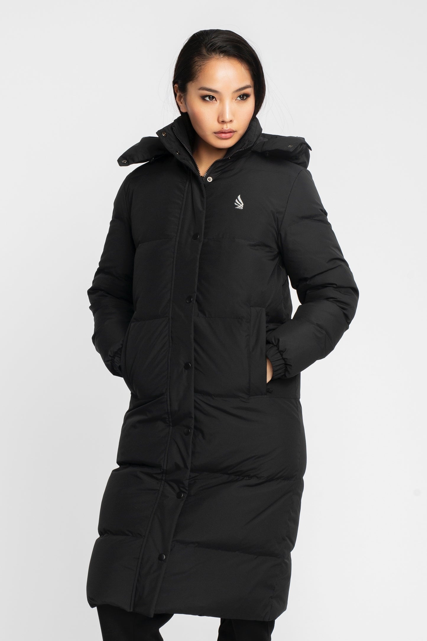 Long Puffer Down-Jacket with Detachable Hood and Logo Patch on Back