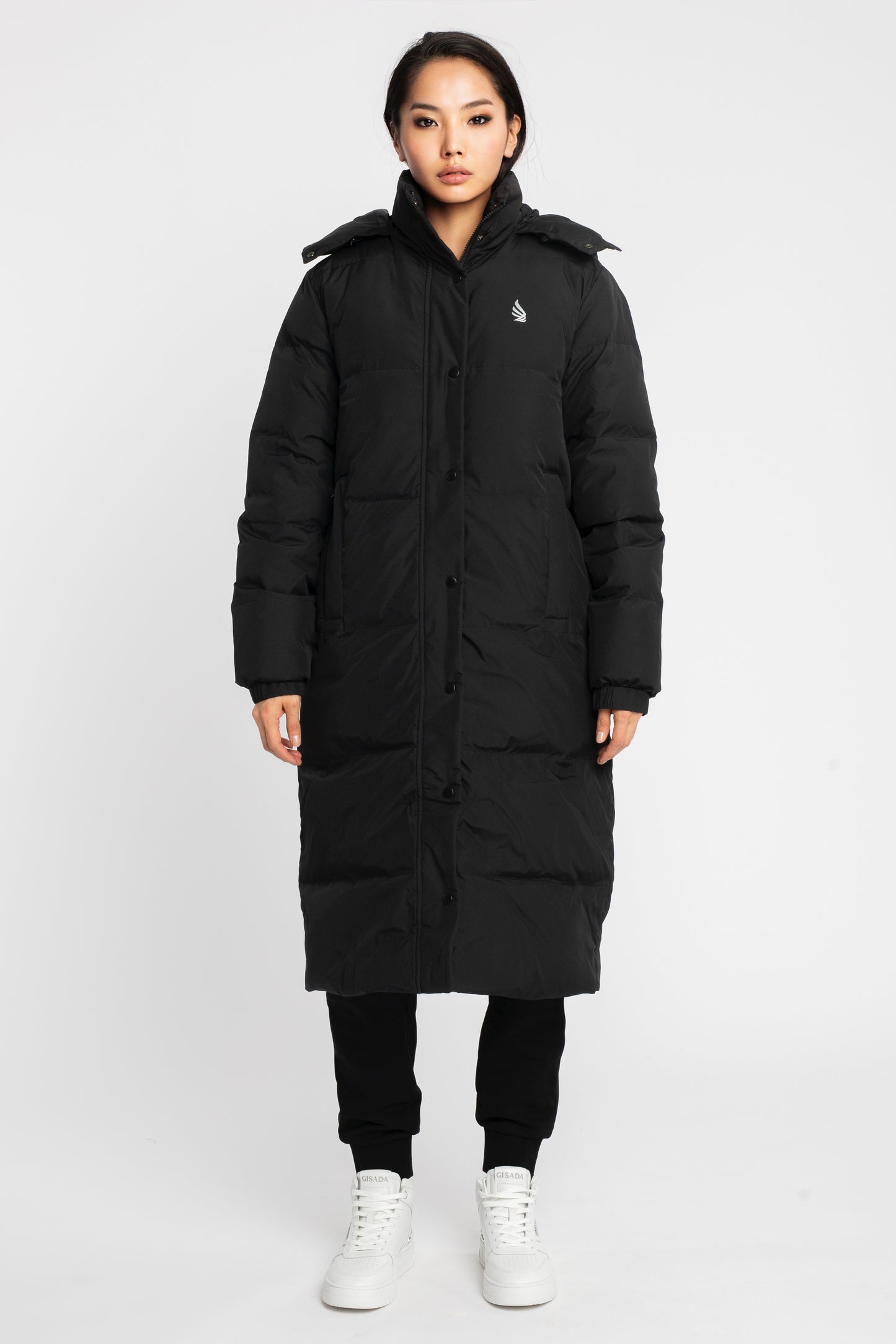 Long Puffer Down-Jacket with Detachable Hood and Logo Patch on Back