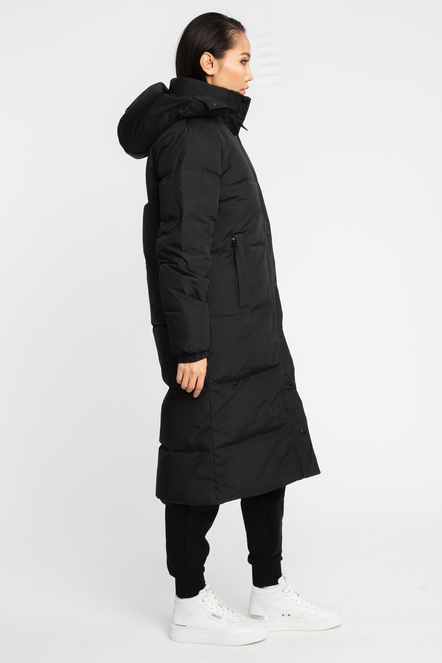 Long Puffer Down-Jacket with Detachable Hood and Logo Patch on Back