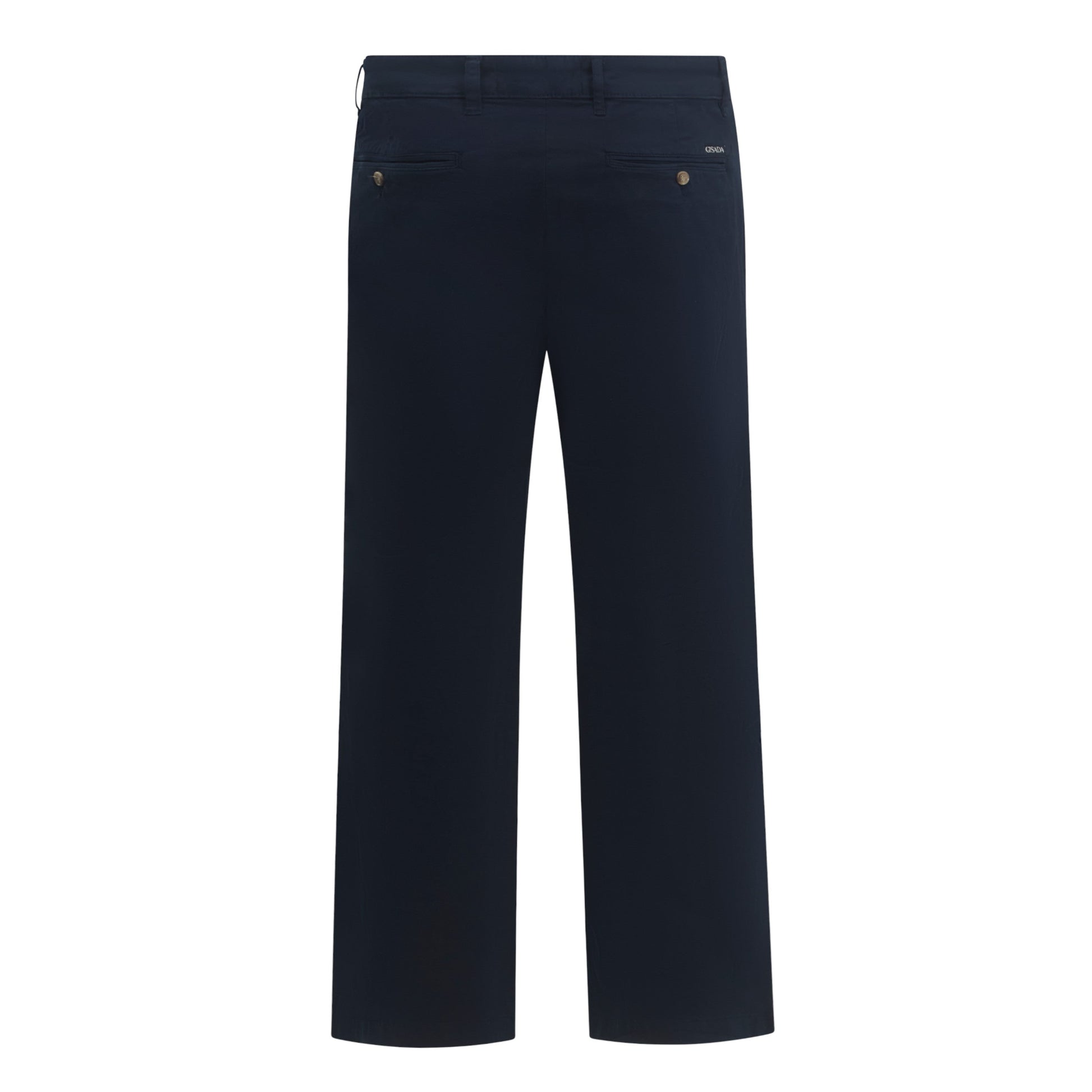 Back view of Gisada navy cotton-stretch trousers with label