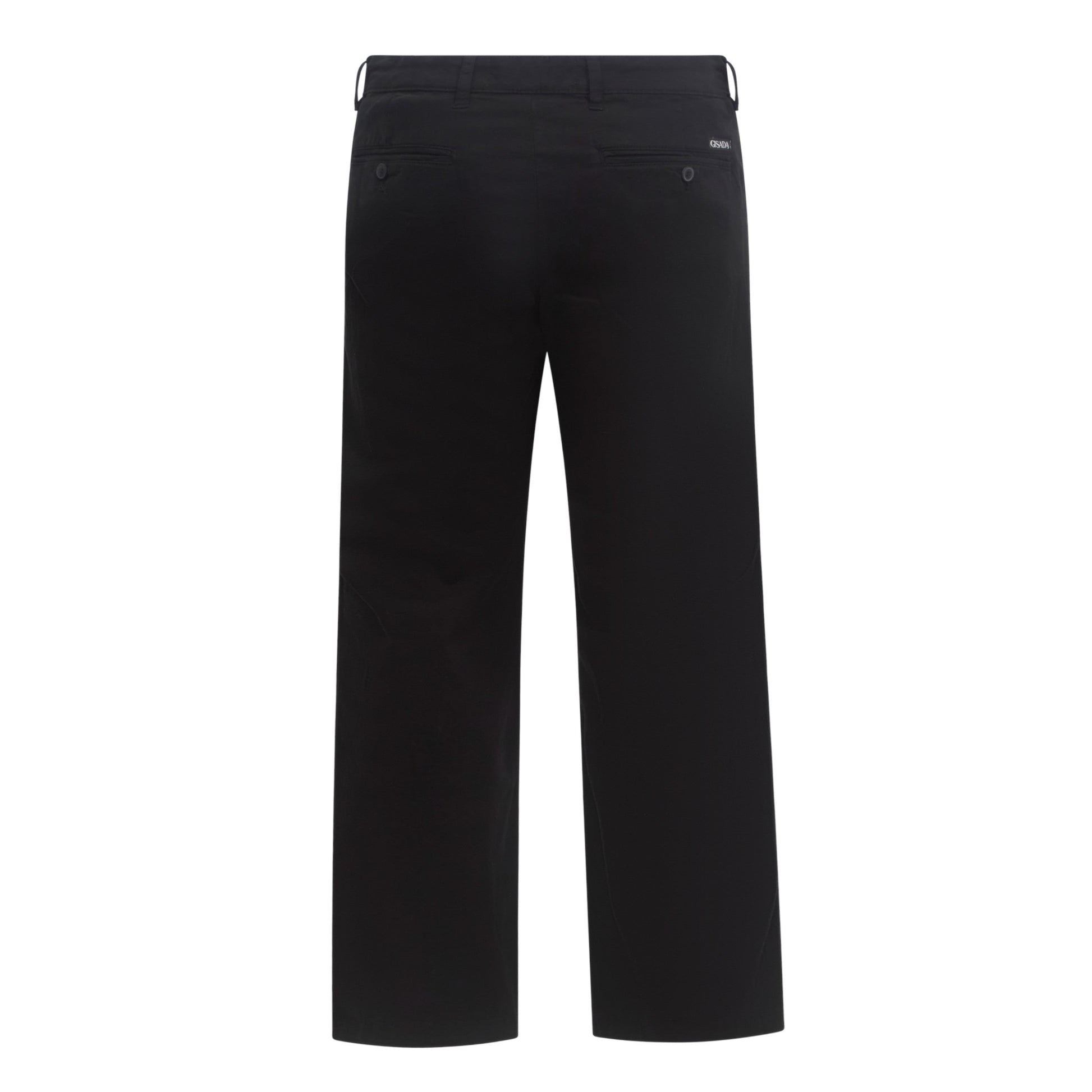 Back view of Gisada black cotton-stretch trousers with label
