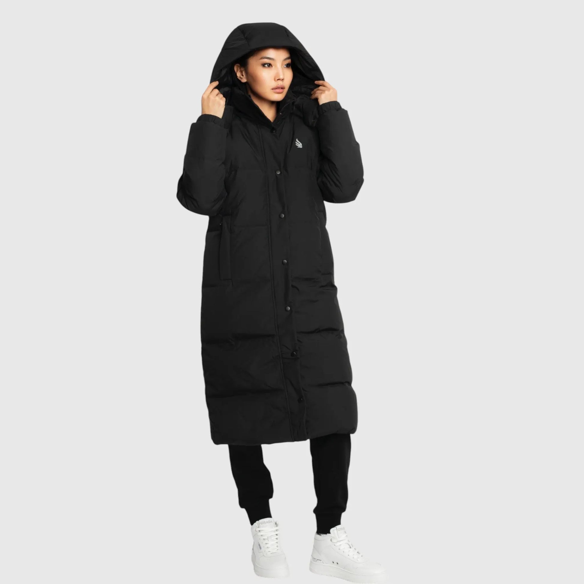Long Puffer Down-Jacket with Detachable Hood and Logo Patch on Back Gisada Jacket
