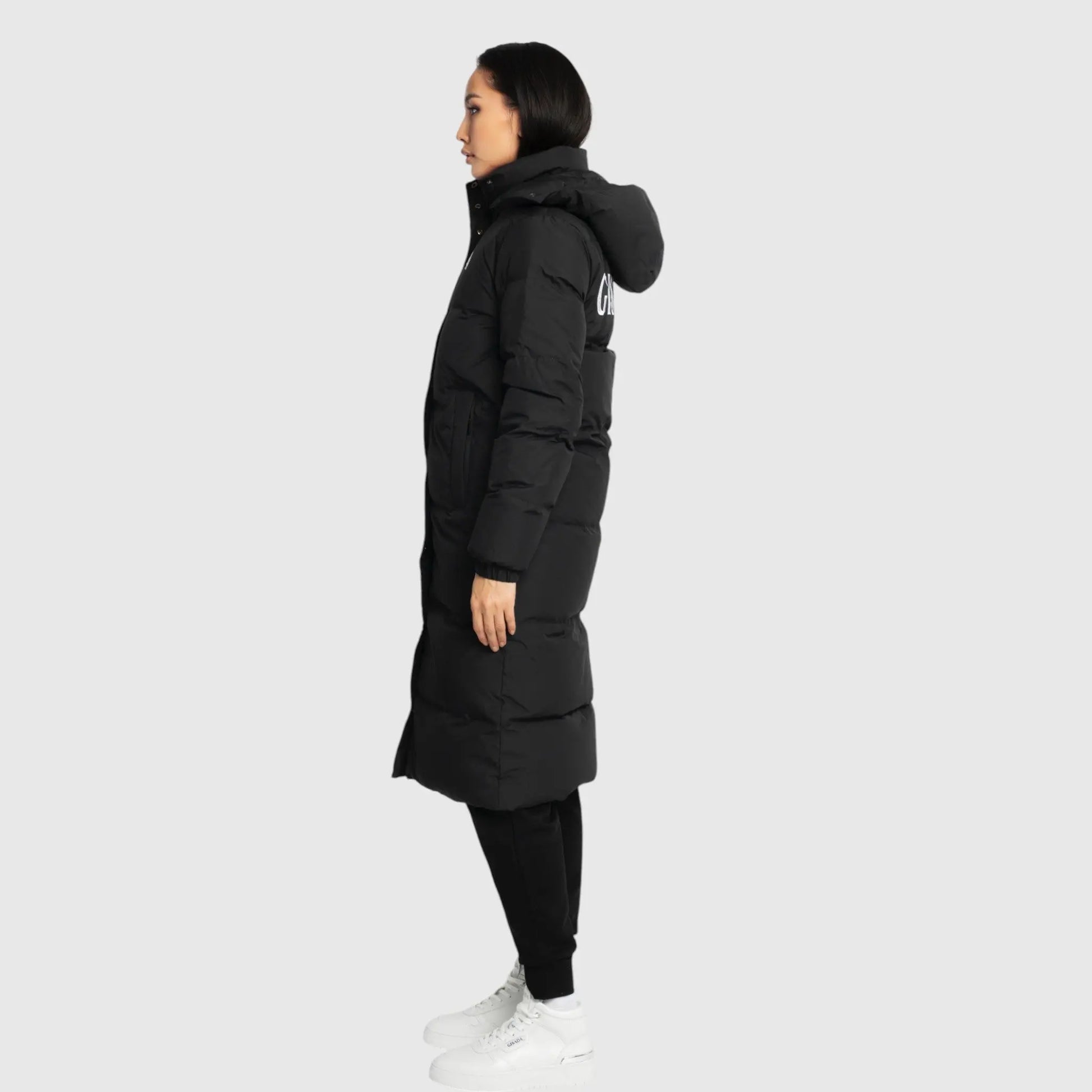 Long Puffer Down-Jacket with Detachable Hood and Logo Patch on Back Gisada Jacket