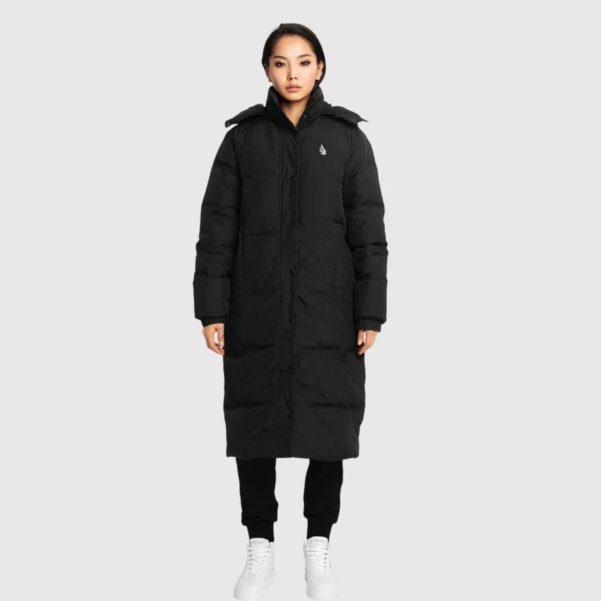 Long Puffer Down-Jacket with Detachable Hood and Logo Patch on Back Gisada Jacket