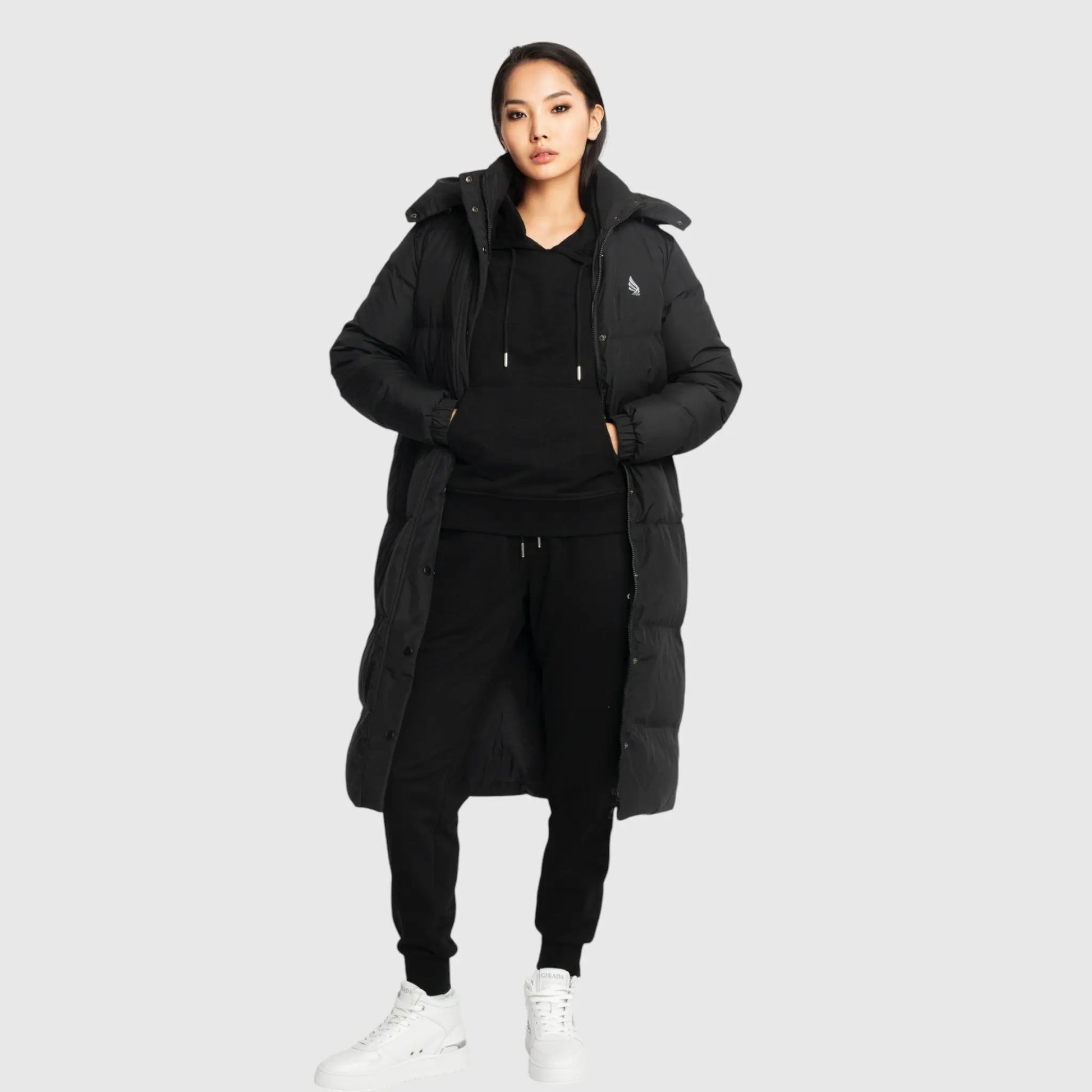 Long Puffer Down-Jacket with Detachable Hood and Logo Patch on Back Gisada Jacket