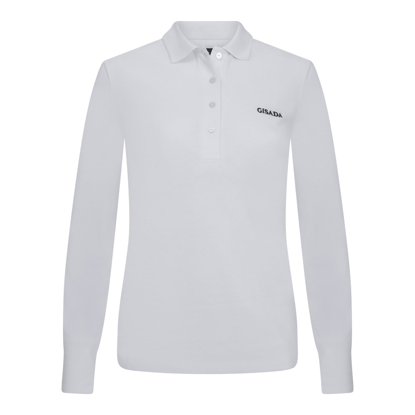 Front view of white Gisada embroidered long sleeve polo shirt in piqué cotton