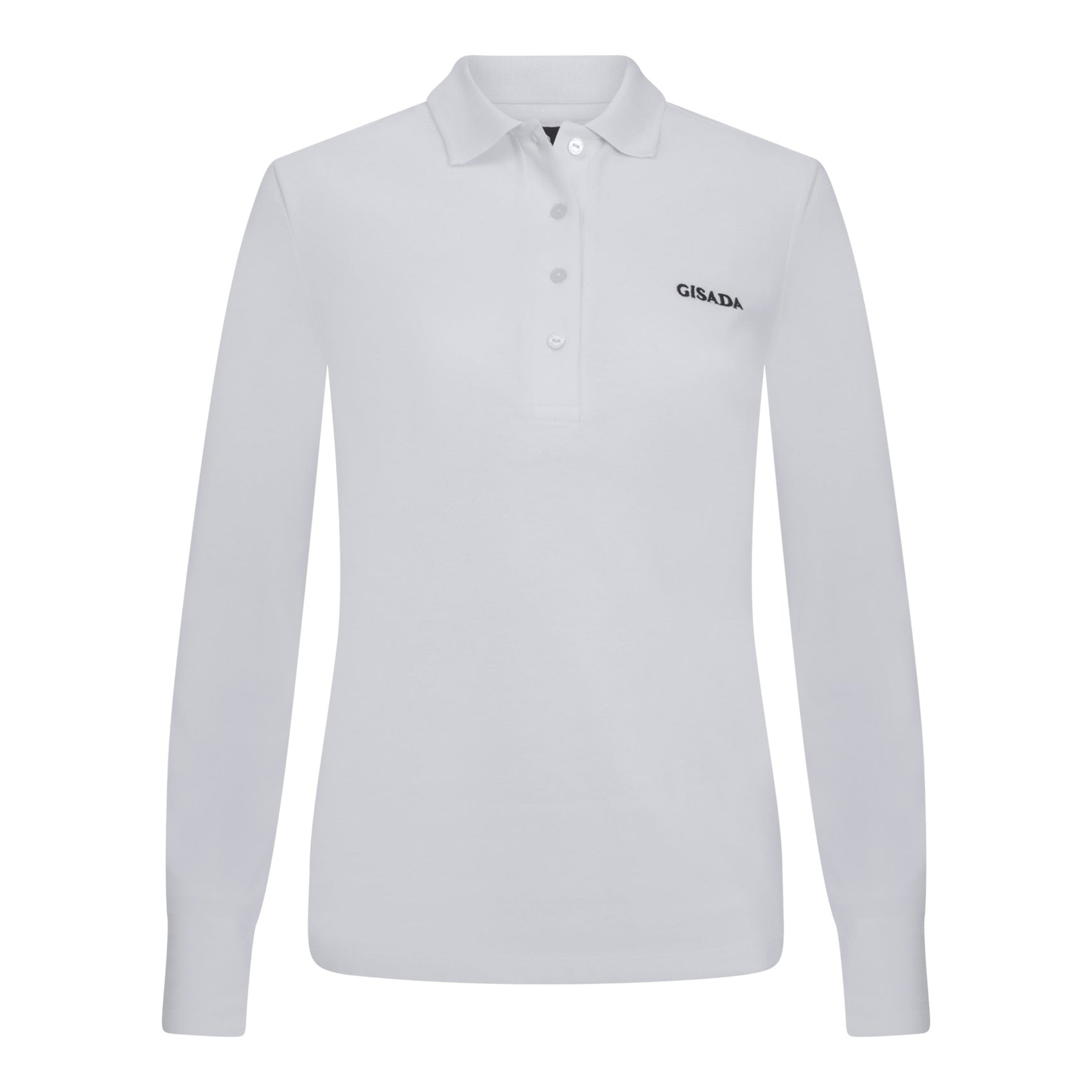 Front view of white Gisada embroidered long sleeve polo shirt in piqué cotton