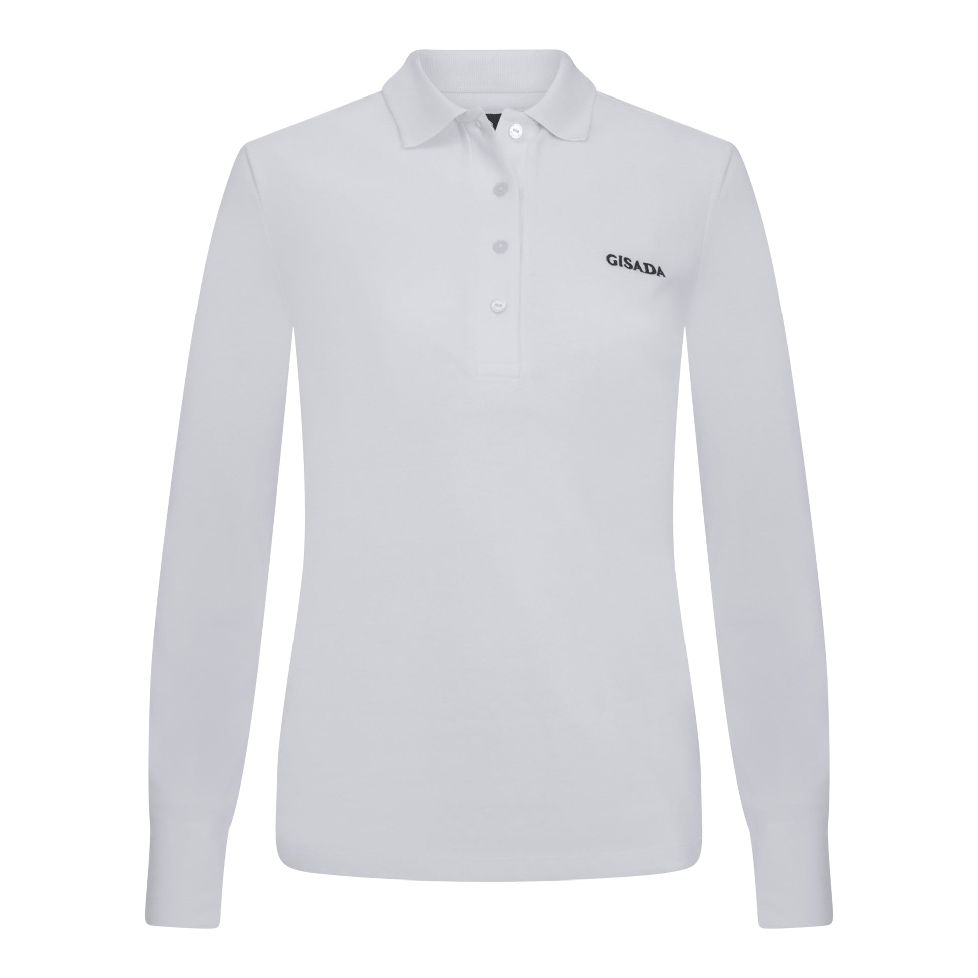 Front view of white Gisada embroidered long sleeve polo shirt in piqué cotton