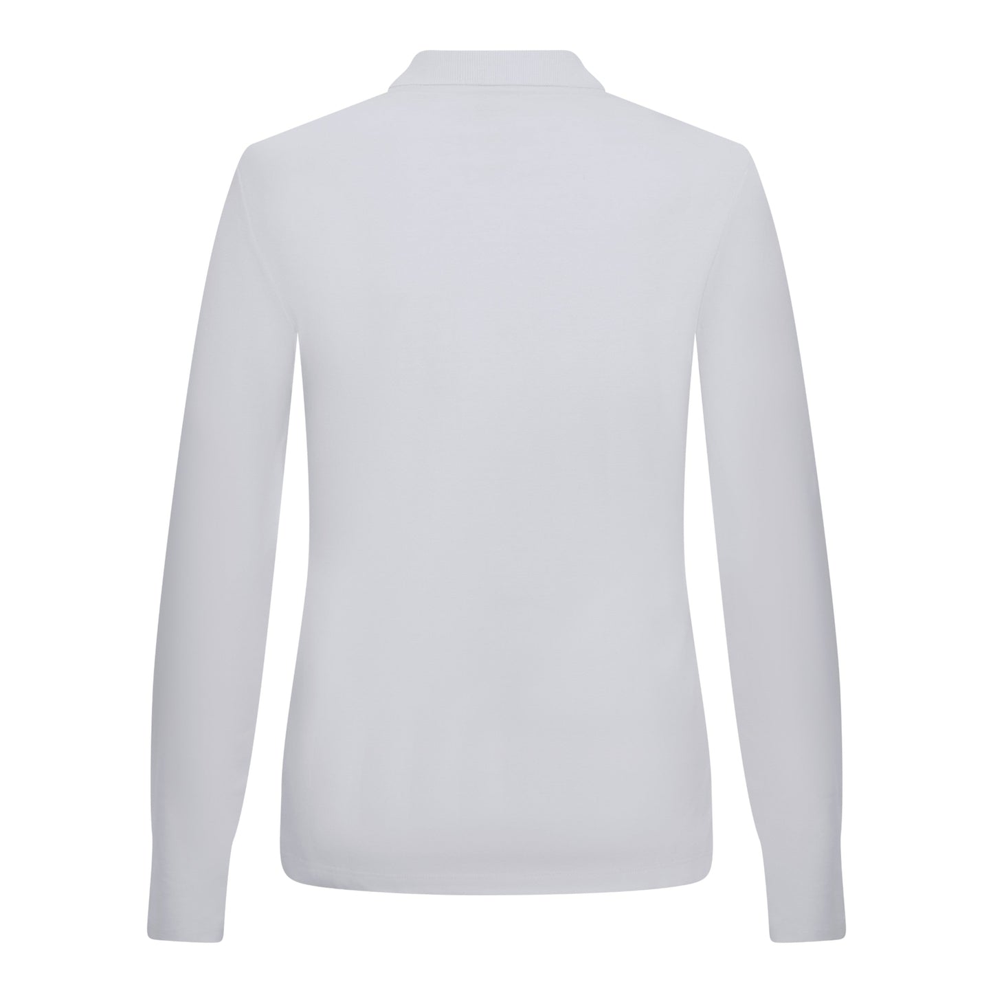 Back side of premium interlock white long sleeve women's polo shirt