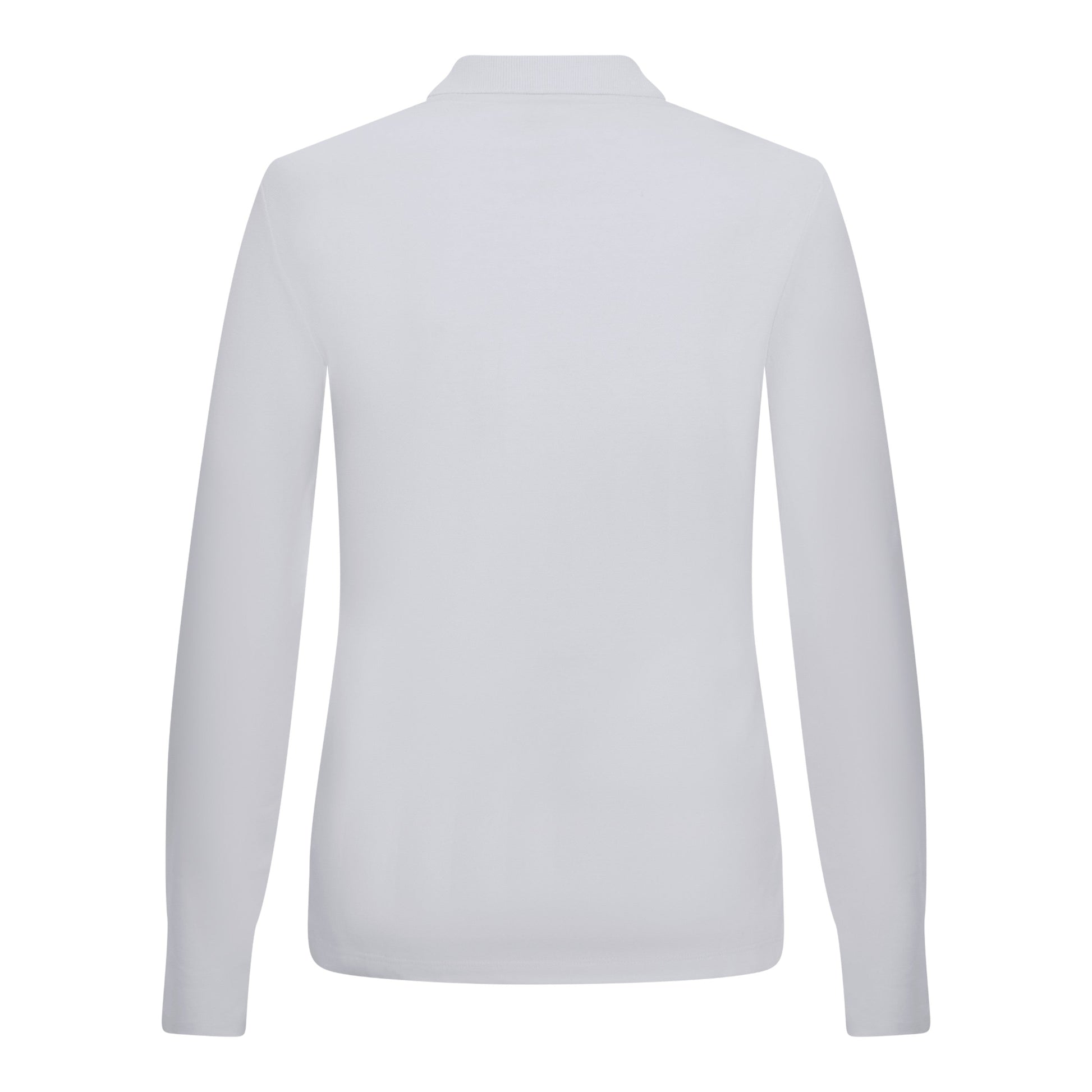 Back side of premium interlock white long sleeve women's polo shirt