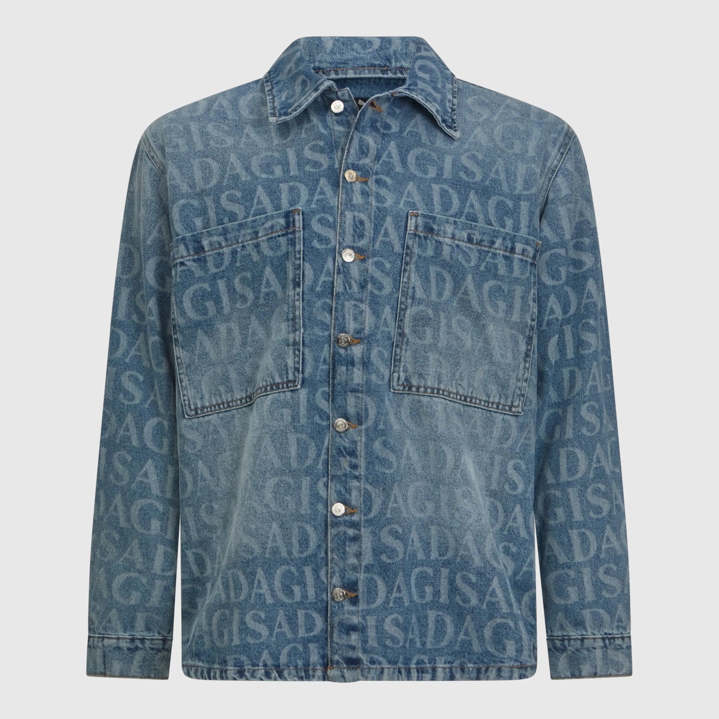 Front view of Gisada oversized denim shirt with all-over logo print in snow blue