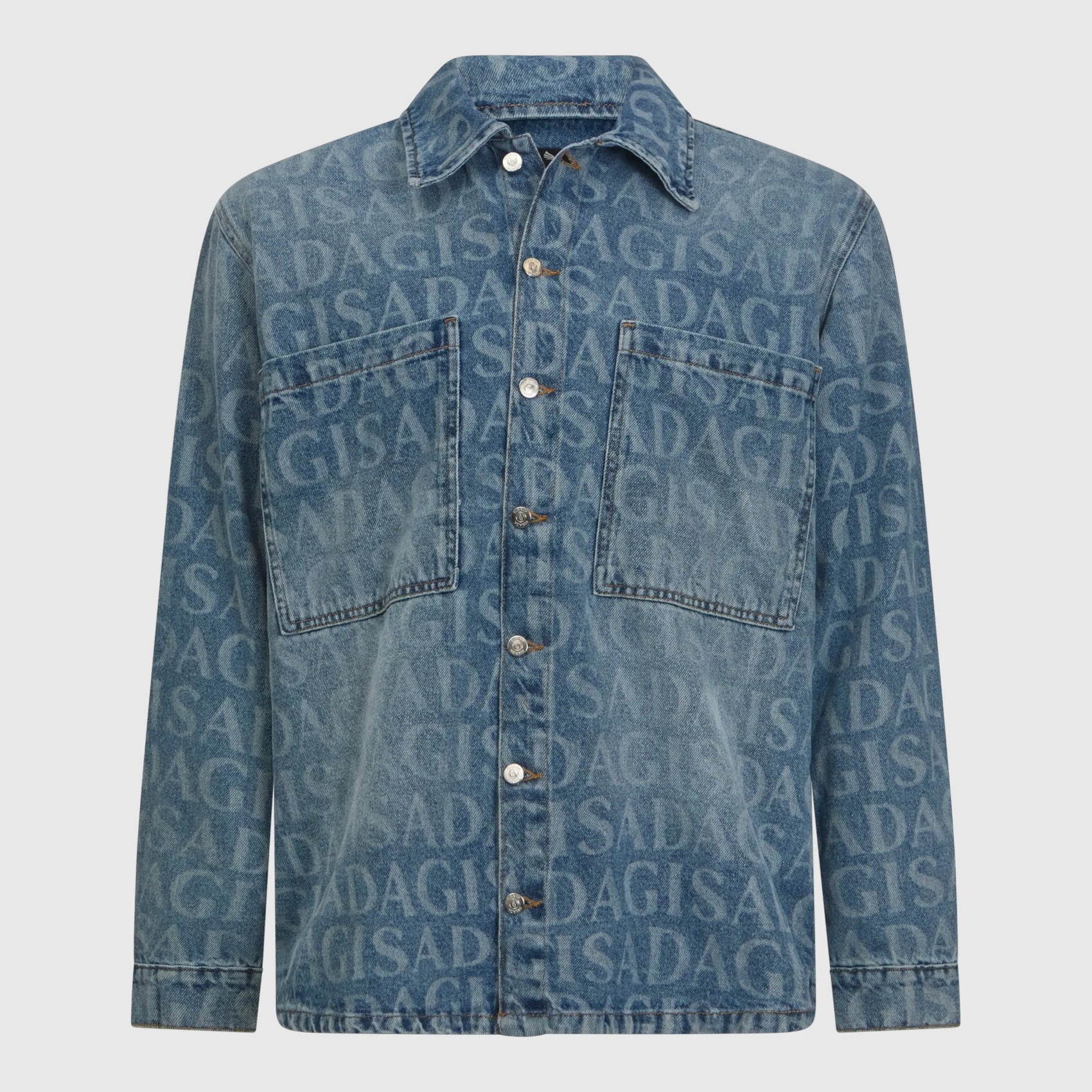 Front view of Gisada oversized denim shirt with all-over logo print in snow blue