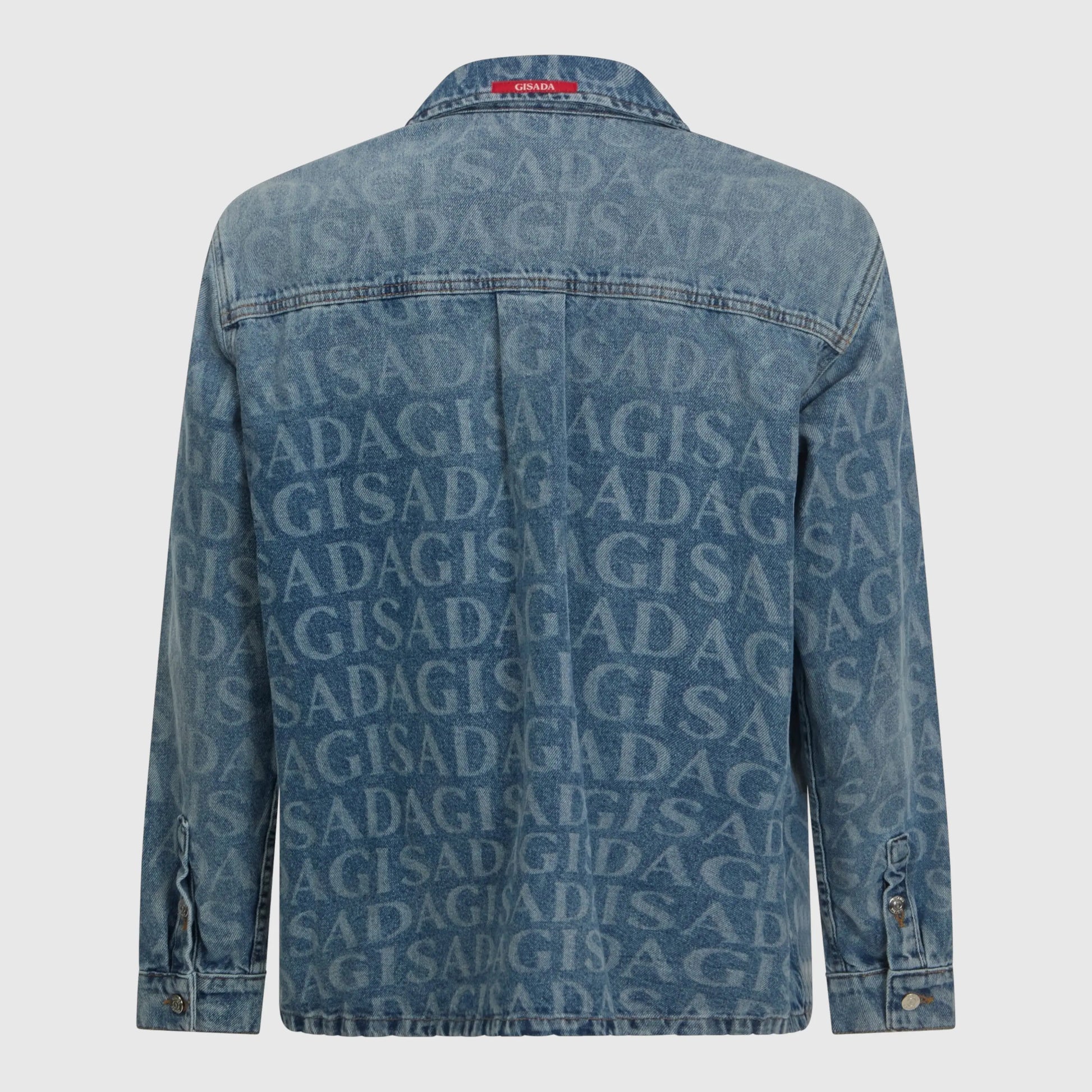 Back view showcasing the full all-over Gisada logo design on denim fabric
