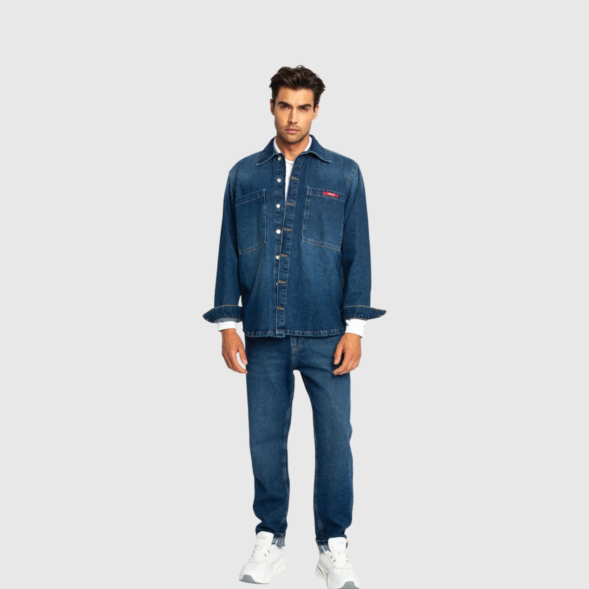 Oversized Denim Shirt with Gisada Logo and Mini Label Patch - Gisada.com