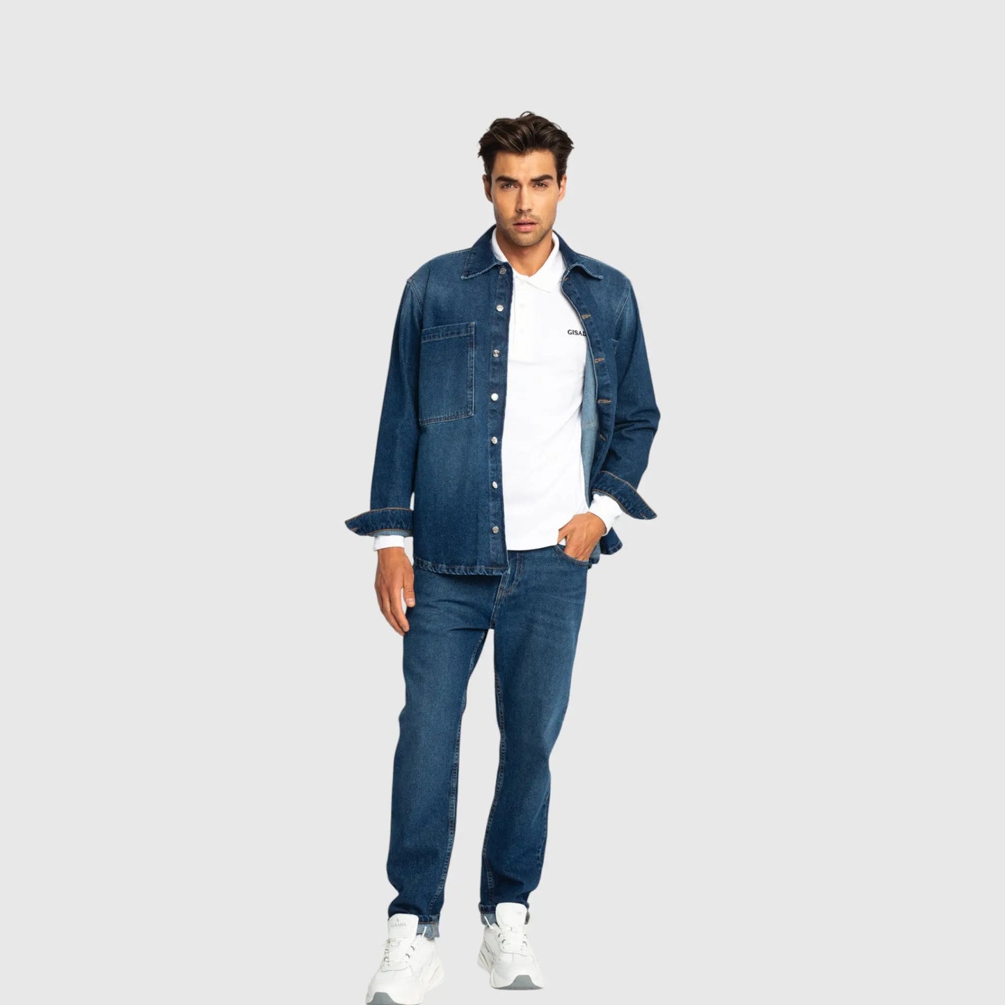 Oversized Denim Shirt with Gisada Logo and Mini Label Patch - Gisada.com