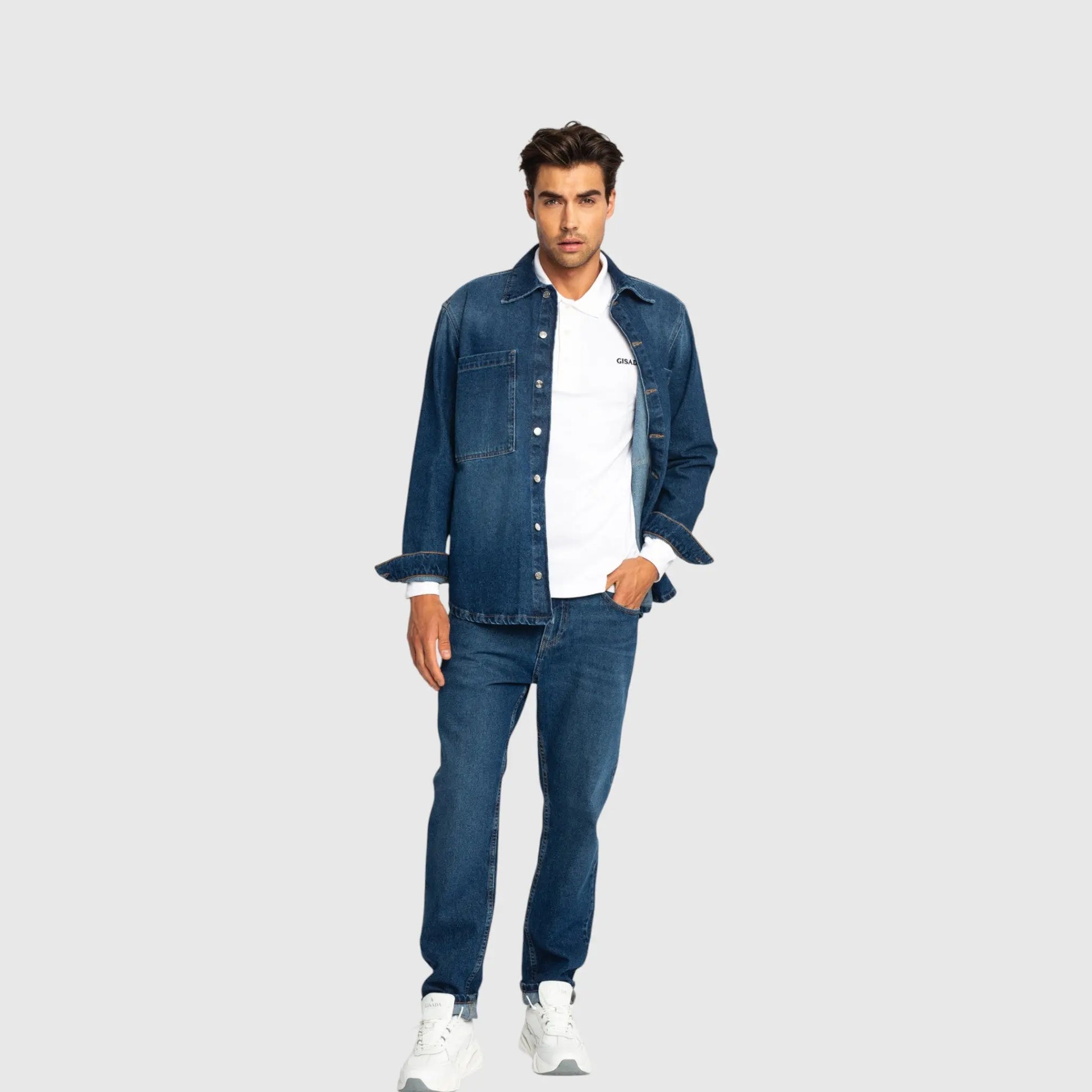 Oversized Denim Shirt with Gisada Logo and Mini Label Patch - Gisada.com